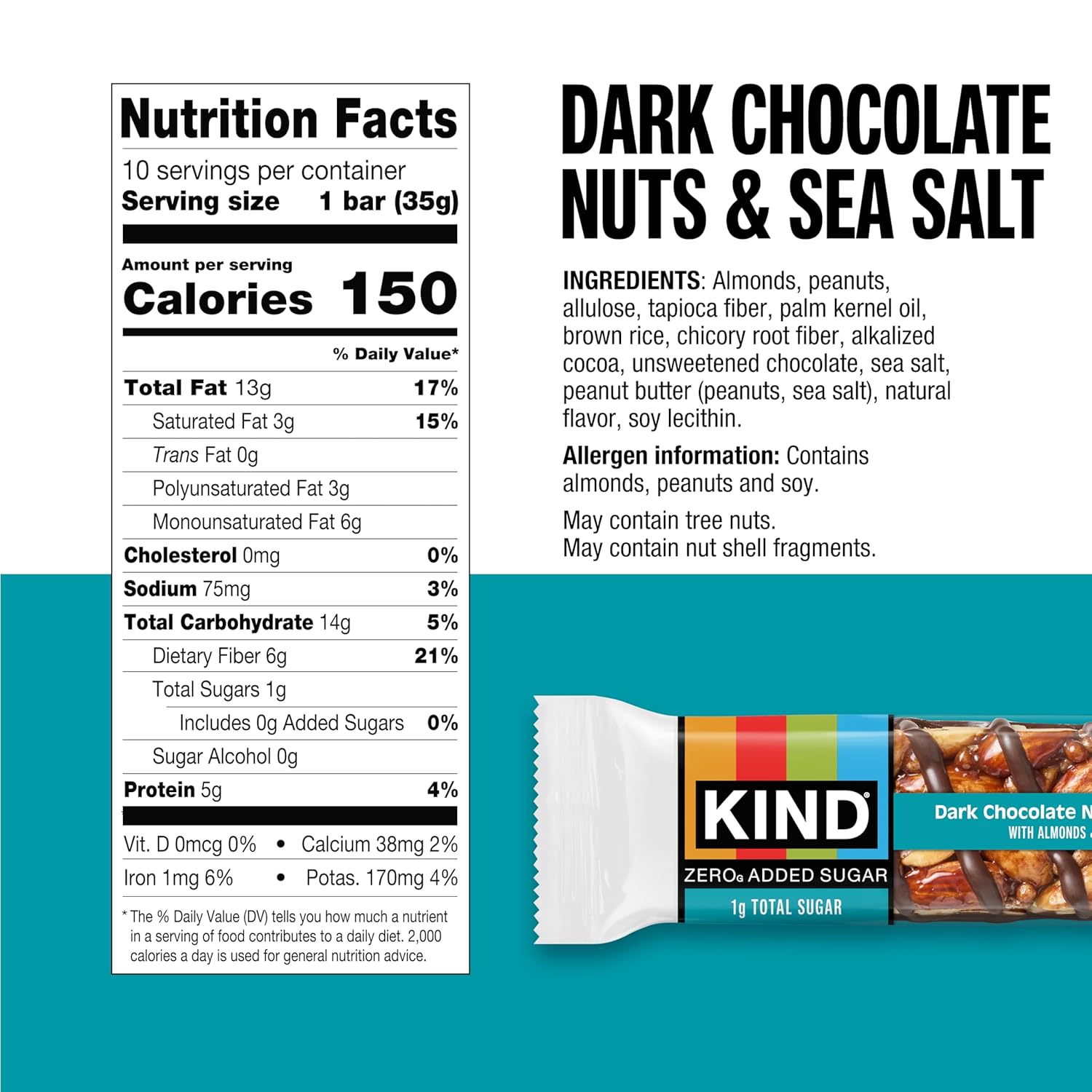 Kind Zero Added Sugar Healthy Snacks Bars, Dark Chocolate Nuts & Sea Salt, Gluten Free, High Fiber, Keto Snacks, 5g Protein, 10 Count - Image 2