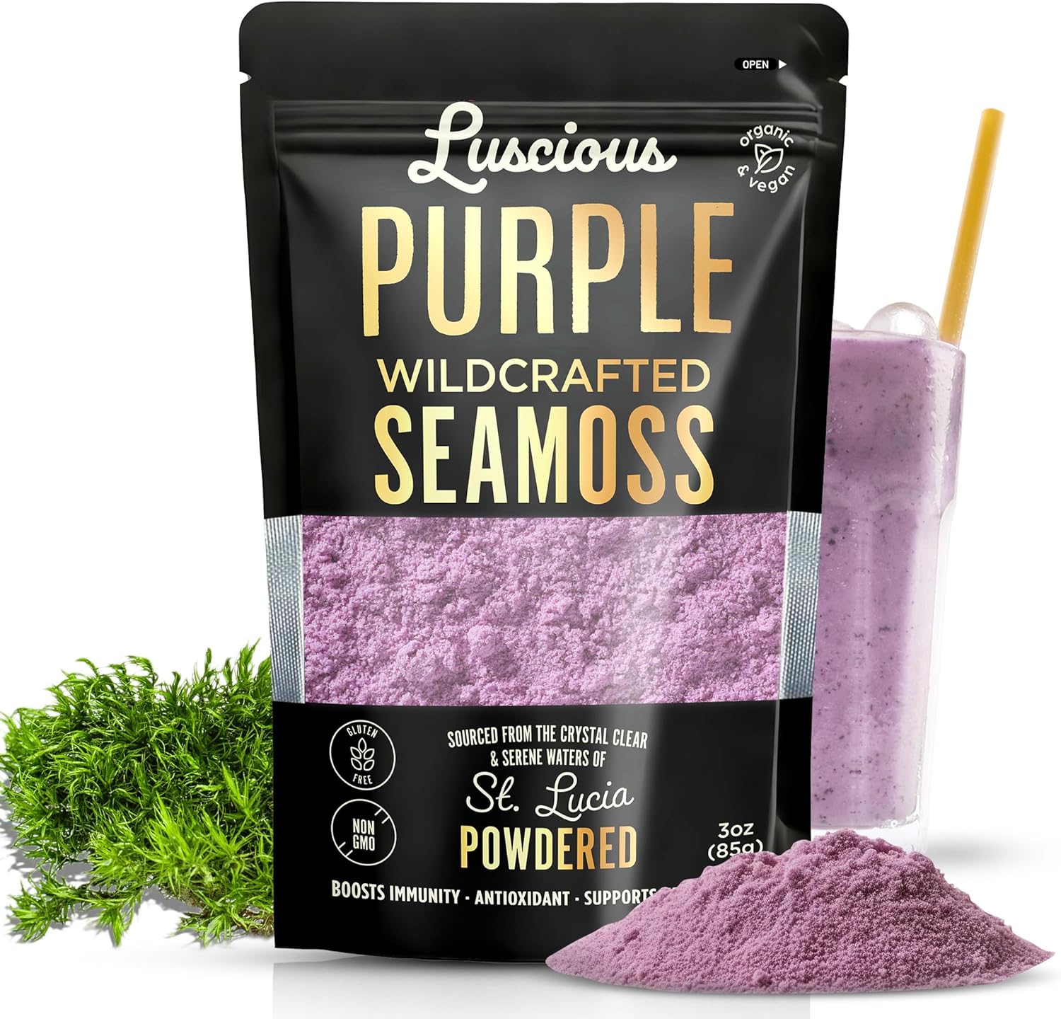 Luscious Purple Wildcrafted Sea Moss Powder 3 Oz | St Lucia 100% Organic Sea Moss Superfood Powder | Supports Immune,Gut & Digestive Health | Vegan, Gluten-Free, Makes 120+ Fl Oz Gel