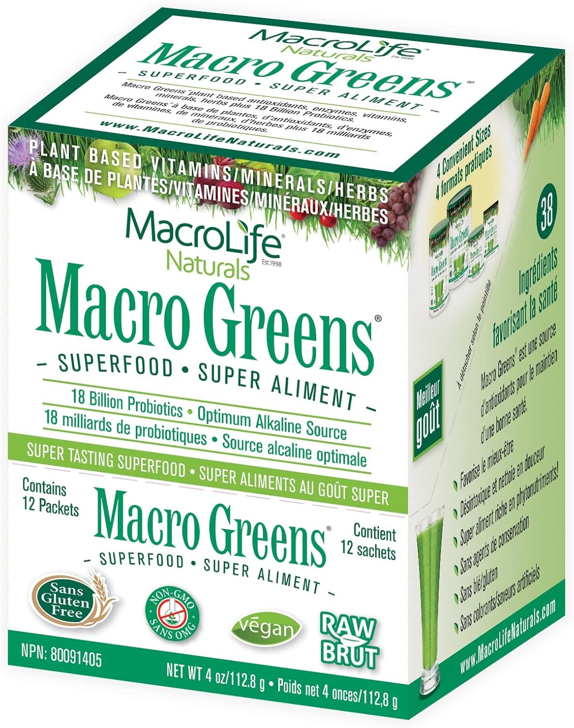 Macro Greens Superfood Powder – 38 Superfoods with Probiotics, Digestive Enzymes & Adaptogens | Non GMO, Vegan, Gluten Free | 18B CFU | Packets (12 Servings)