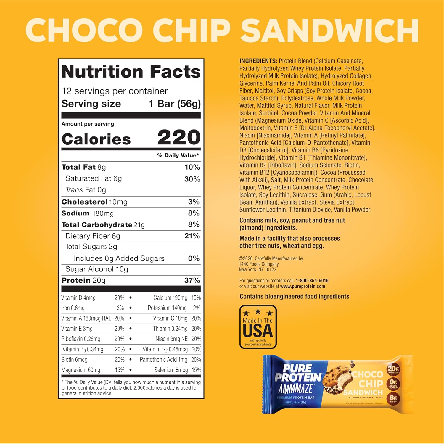 Pure Protein AMMMAZE Choco Chip Sandwich Bars, 20g Protein, 6g Fiber, 5g Net Carbs, No Added Sugar, High Protein Snack, 12 Count – Meal Replacement Bar for On-the-Go - Image 2