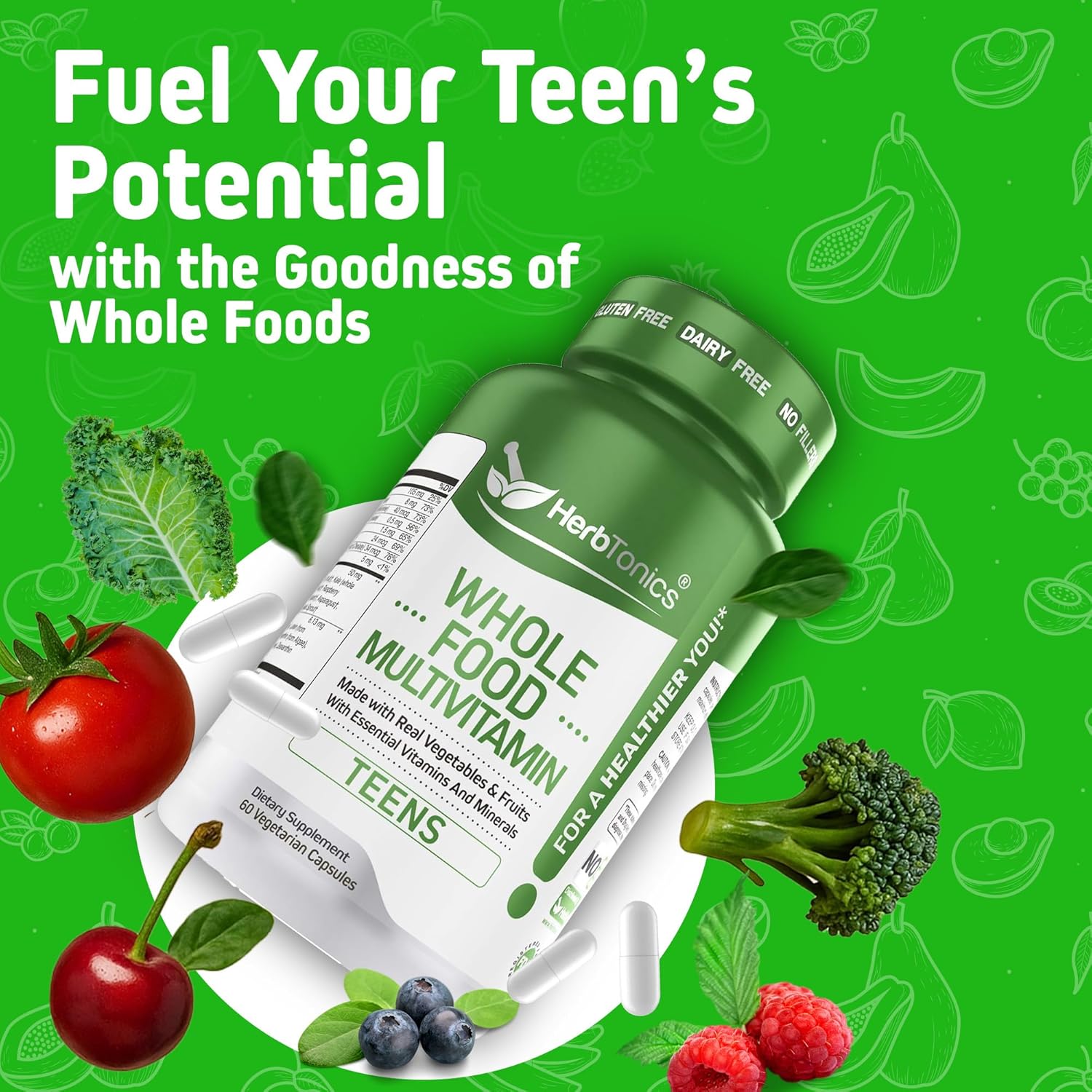 Herbtonics Whole Food Teen Vitamins for Energy, Focus & Immune Support - Multivitamin for Teenage Boys & Girls (12-18) with Real Superfoods - Vegan, Plant Based, Non-GMO - 60 Easy Swallow Capsules - Image 2