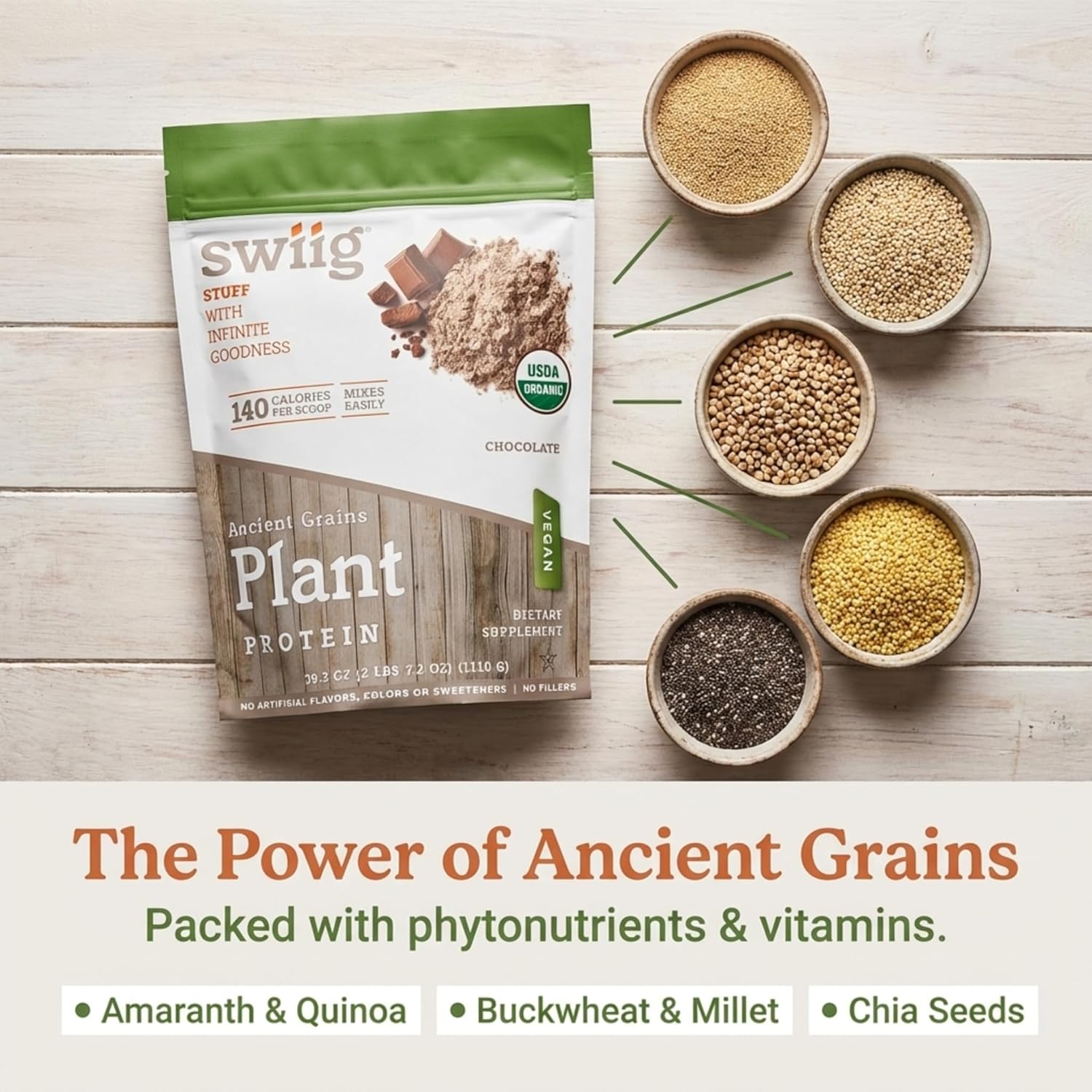 swiig Organic Plant Protein Powder – Vegan Plant Based Protein, Ancient Grains Protein Blend, 20g Protein, Gluten-Free, Dairy-Free, Non-GMO, Easy to Digest, Rich Chocolate, 2.7 lb - Image 4