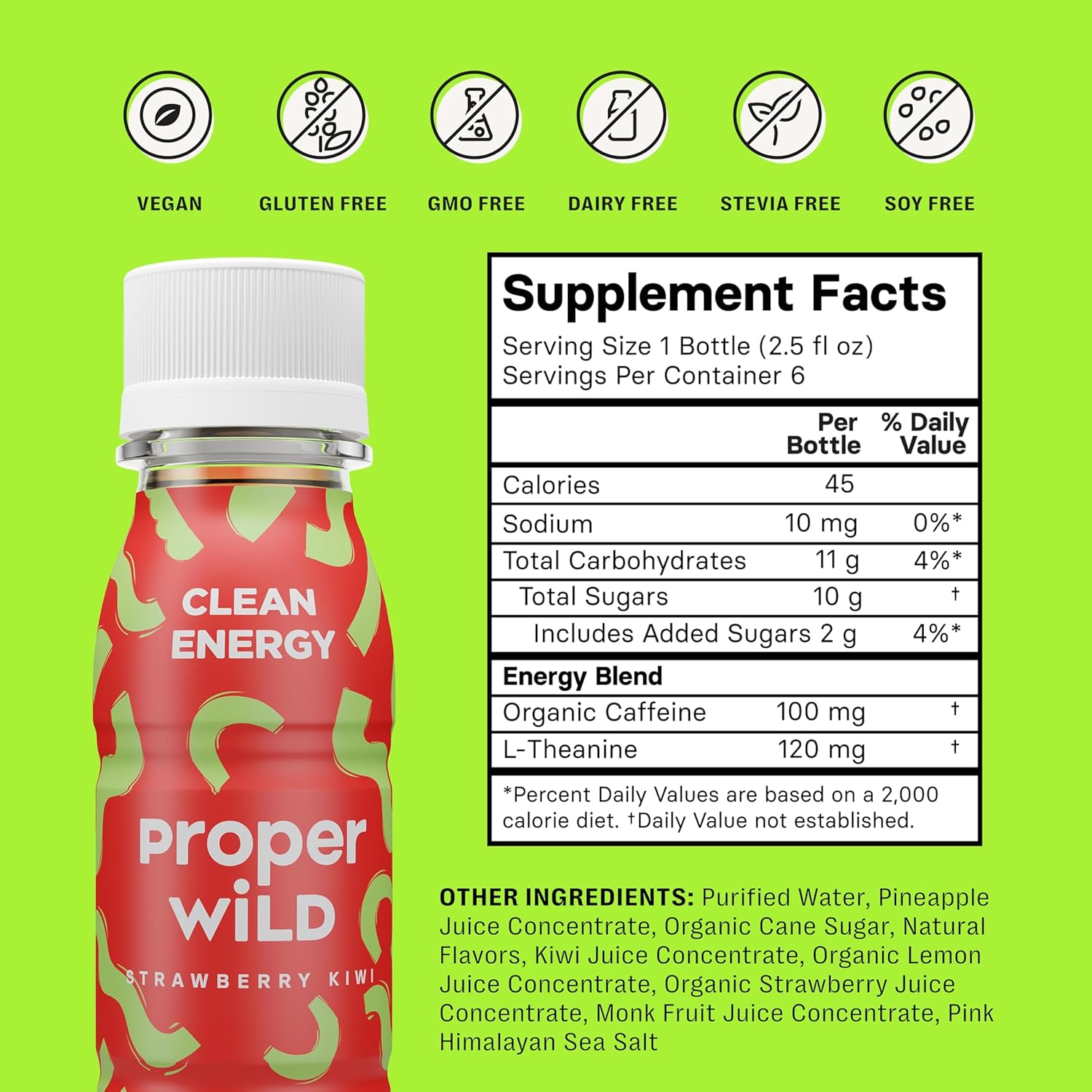 Proper Wild Vegan Energy Shots, with L-Theanine, and Organic Caffeine, Clean Plant Based Energy Drink, Gluten Free, GMO Free, Dairy Free, Stevia Free, Soy Free, Strawberry Kiwi, 2.5 Fl Oz, 6 Pack - Image 2