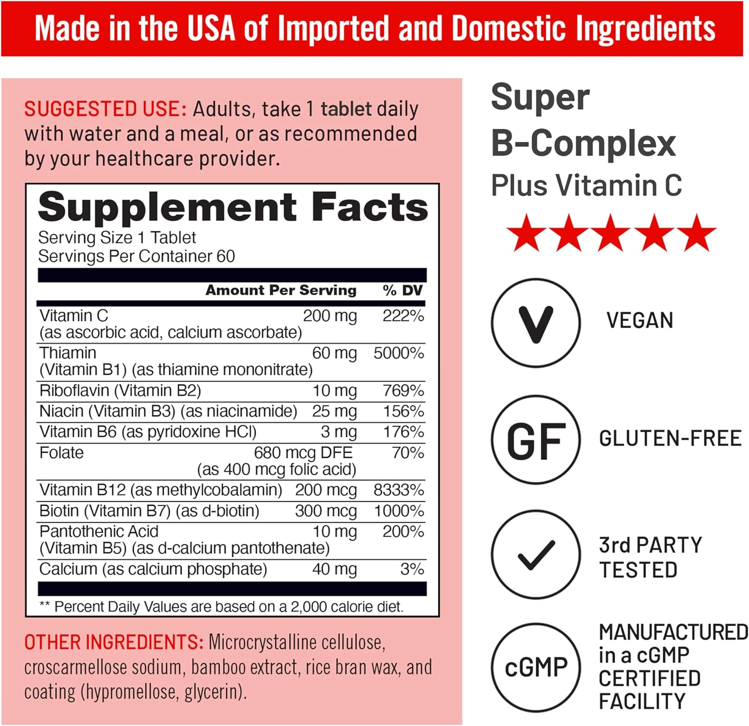 NatureWise Super Vitamin B Complex for Women and Men - with Vitamin C, Folic Acid Biotin B1 B2 B3 B6 B12 - Support Cellular Energy & Mental Clarity - Vegan, Gluten & Dairy Free, Non-GMO - 60 Tablets - Image 4