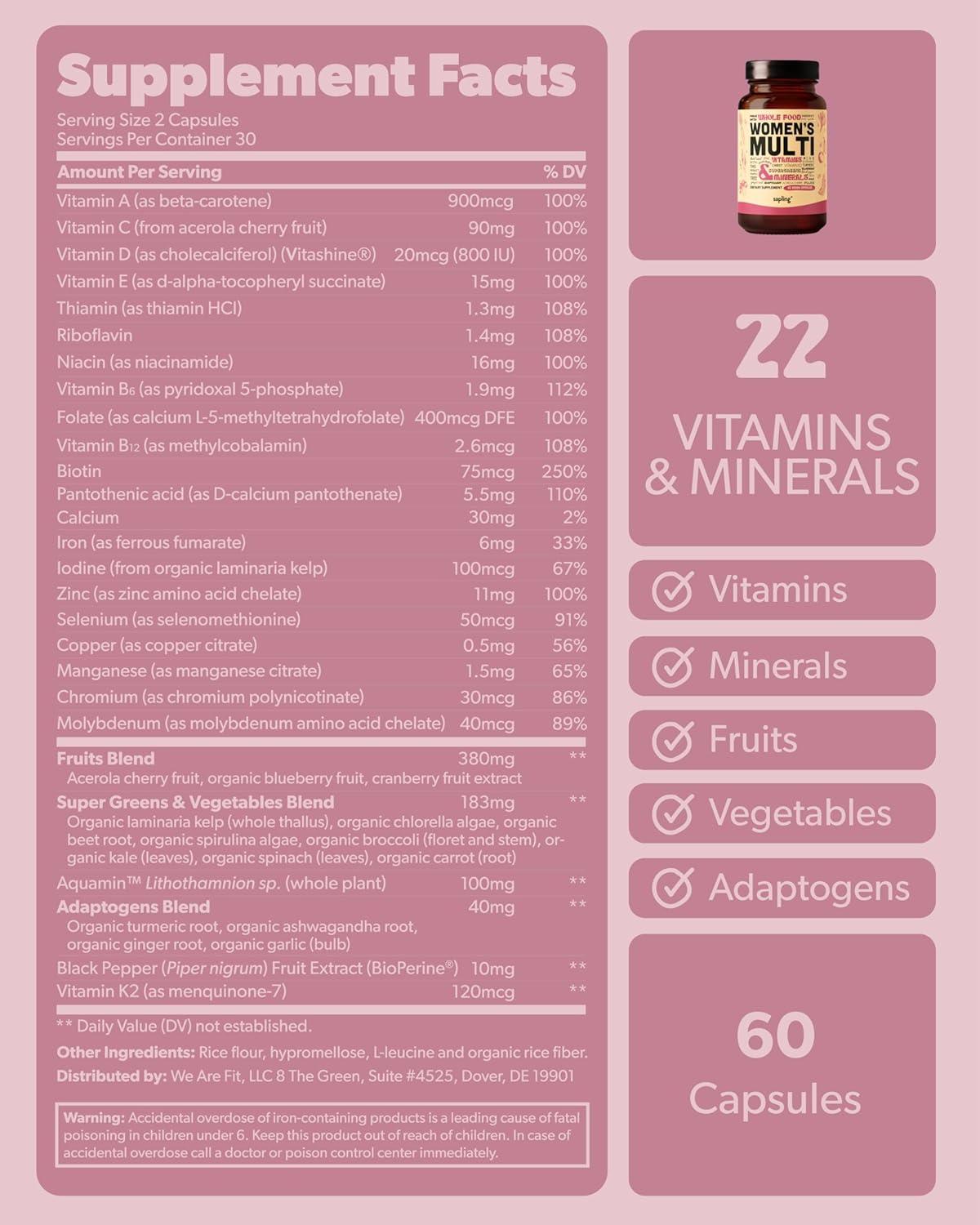 Multivitamin for Women - Daily Women’s Multivitamin - Methylated B Complex with Whole Food Ingredients, Vitamin B12, Folate, A, C, D3, E, K2, Organic Fruits & Vegetables - Vegan, Non-GMO - 60 Caps - Image 9