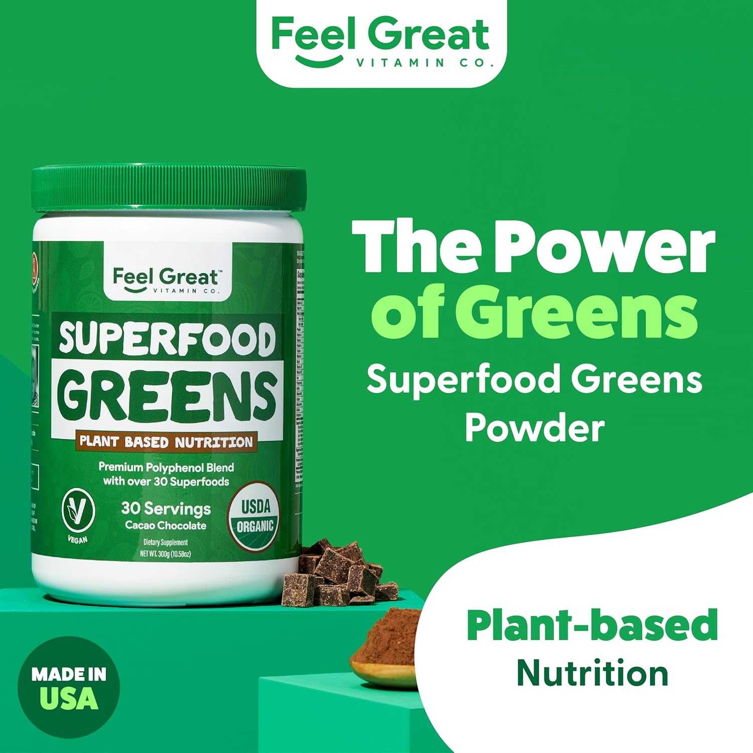 Feel Great Organic Superfood Greens Powder - Cocoa Chocolate | Fruit & Vegetable Supplement | Over 20 Greens, Fruits & Veggies, Fiber, Probiotics & Digestive Enzymes | 30 Servings - Image 3