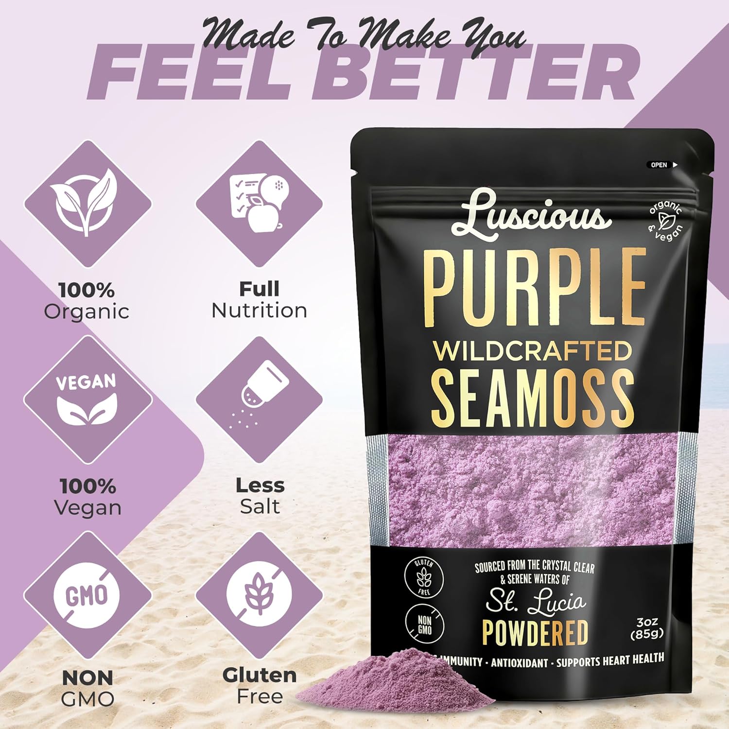 Luscious Purple Wildcrafted Sea Moss Powder 3 Oz | St Lucia 100% Organic Sea Moss Superfood Powder | Supports Immune,Gut & Digestive Health | Vegan, Gluten-Free, Makes 120+ Fl Oz Gel - Image 2