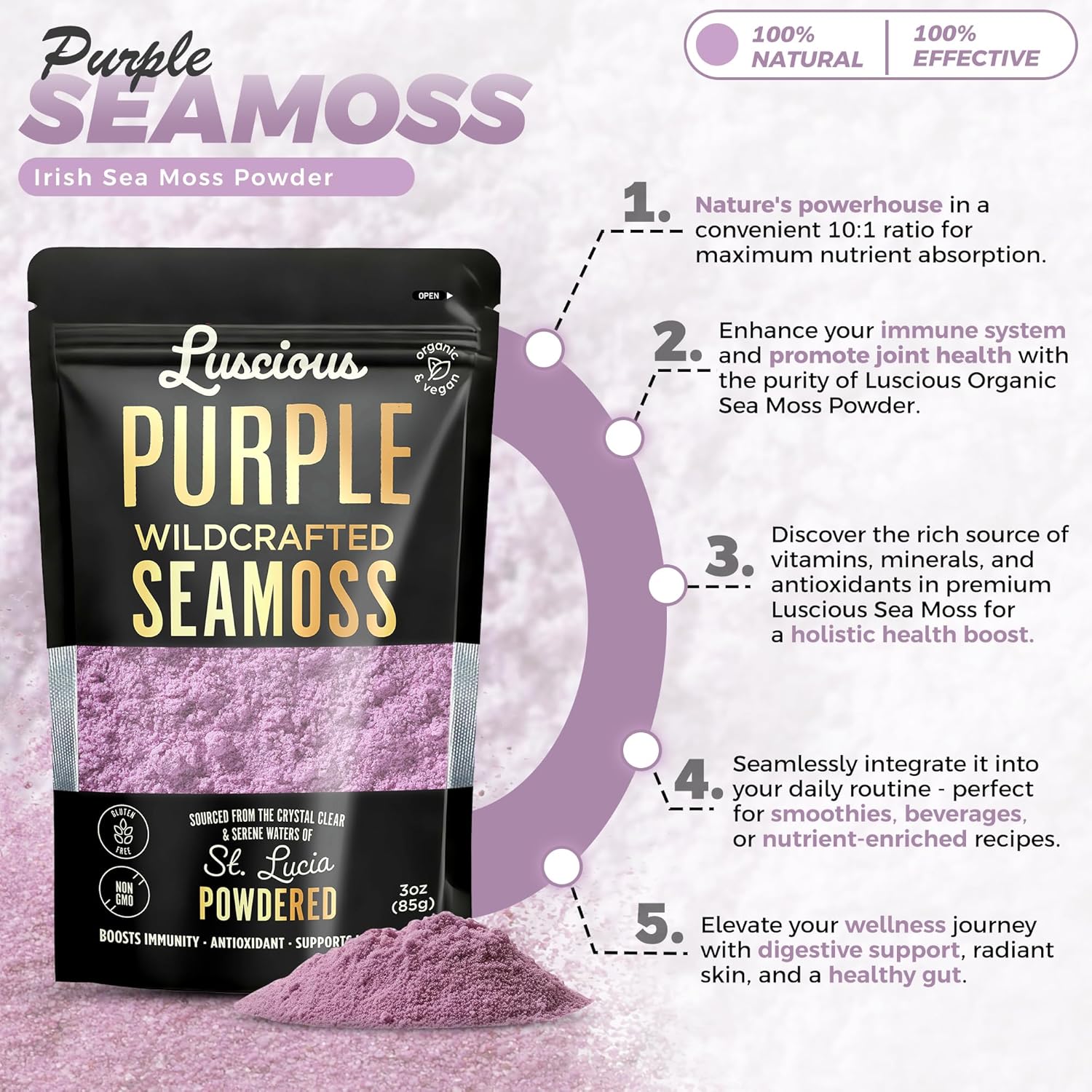 Luscious Purple Wildcrafted Sea Moss Powder 3 Oz | St Lucia 100% Organic Sea Moss Superfood Powder | Supports Immune,Gut & Digestive Health | Vegan, Gluten-Free, Makes 120+ Fl Oz Gel - Image 5