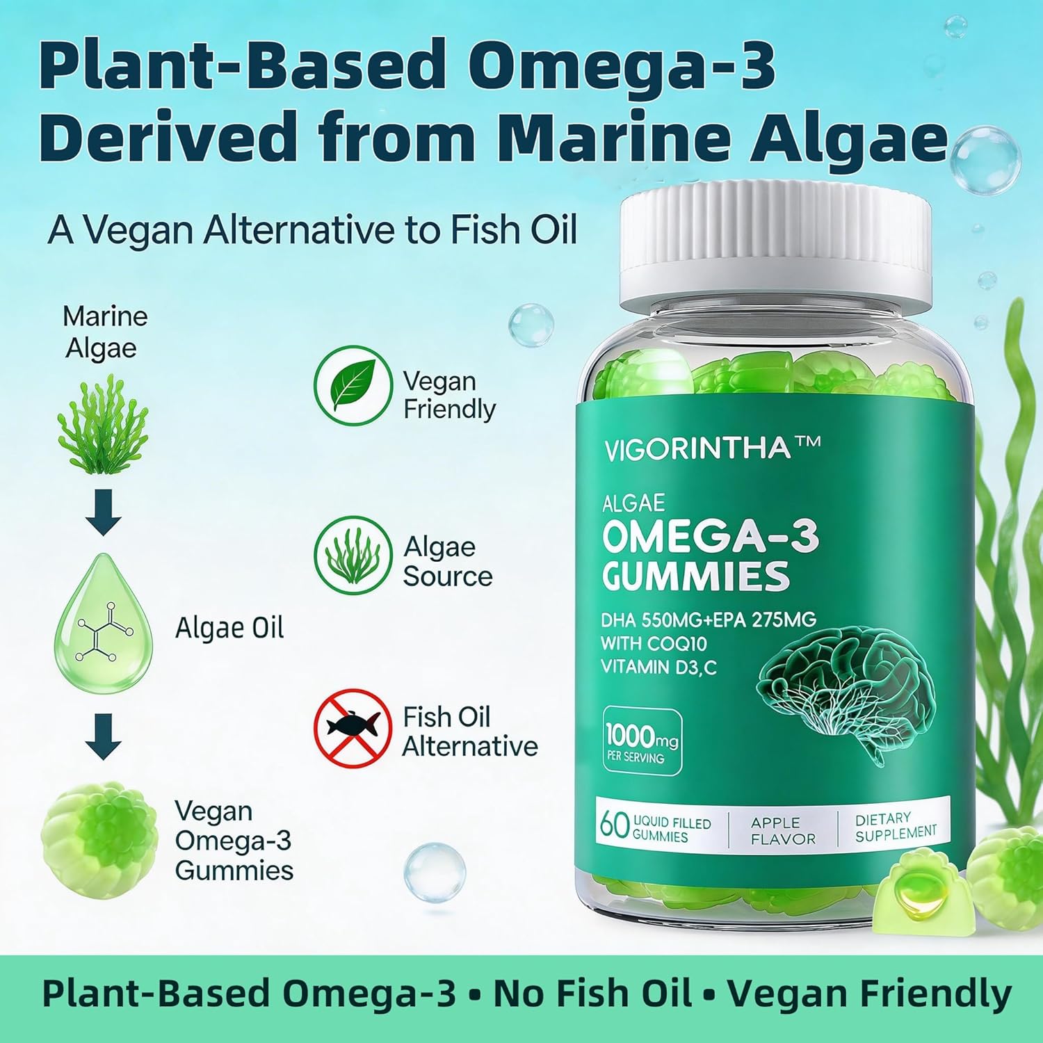 Vegan Omega-3 Algae Oil Supplement with DHA 300mg & EPA 150mg, Plant-Based Omega-3 with Vitamin D3 & K2, Fish-Free Algal Oil Softgels for Men & Women, 2 Pack, 120 Softgels, 60 Day Supply - Image 4