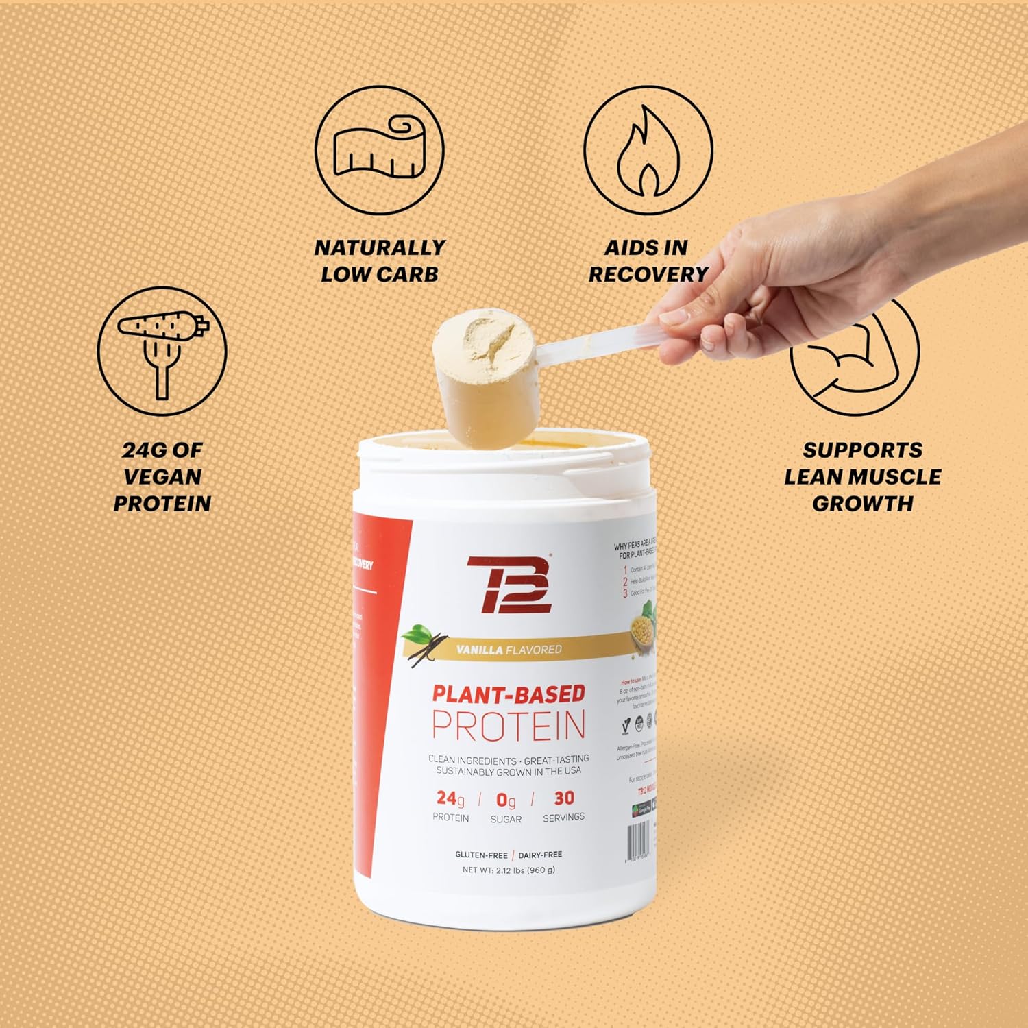 TB12 Plant Based Protein Powder by Tom Brady, 24g of Vegan Pea Protein, Low Sugar, Low Carb, Non-GMO, Keto Friendly, Paleo, Sugar Free, Vanilla Flavor (30 Servings/2.12lbs) - Image 4