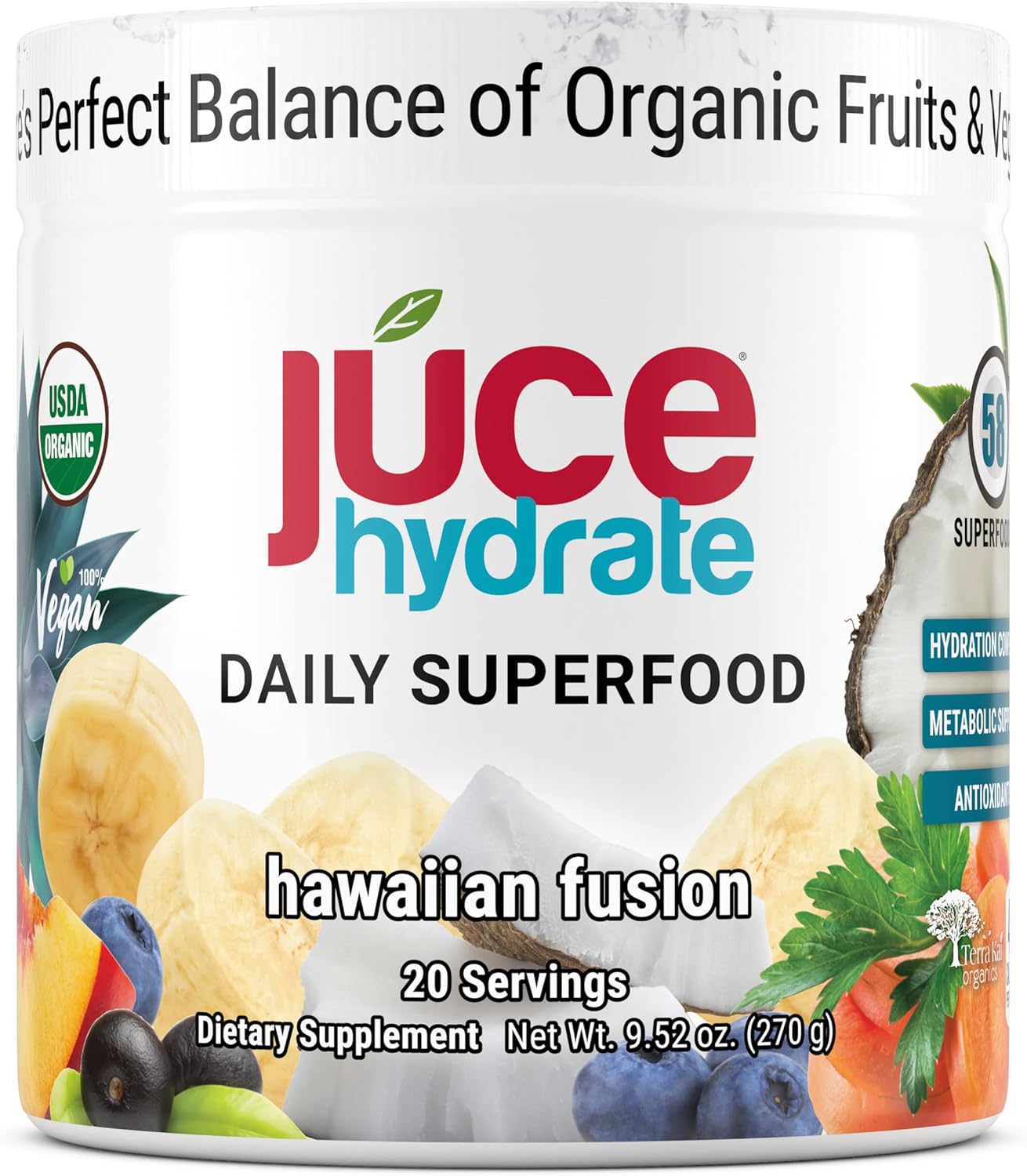 Júce Hydrate Replenishing & Nourishing Superfood Drink - Boost Reduce Fatigue - USDA Certified Organic, Plant-Based, Vegan - Gluten-Free, Dairy-Free, Soy-Free - 8.1 Ounce - By Terra Kai Organics