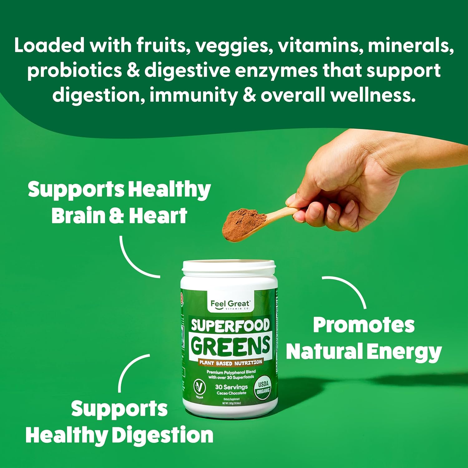 Feel Great Organic Superfood Greens Powder - Cocoa Chocolate | Fruit & Vegetable Supplement | Over 20 Greens, Fruits & Veggies, Fiber, Probiotics & Digestive Enzymes | 30 Servings - Image 4
