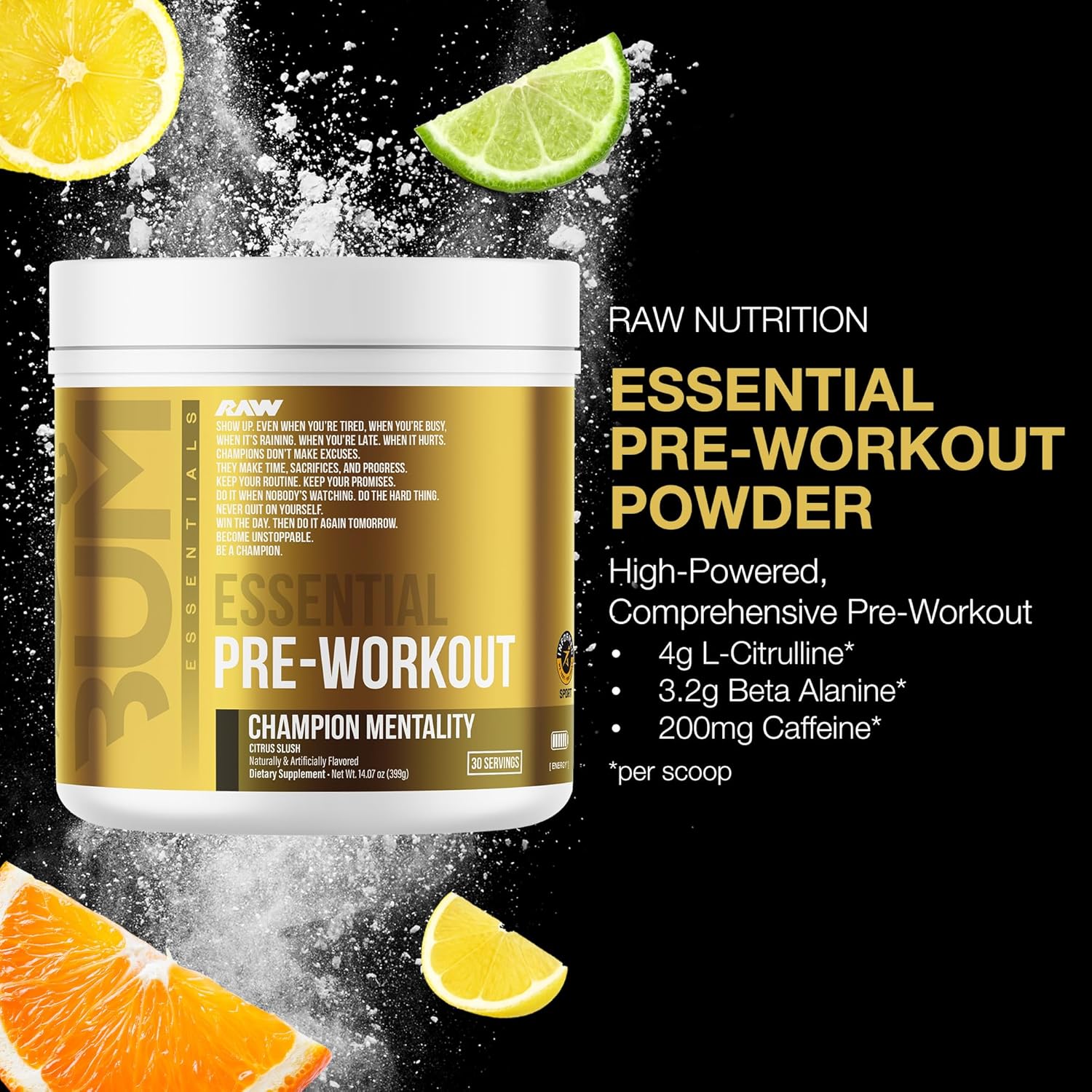 RAW Essential Pre-Workout Powder (Champion Mentality) - Chris Bumstead Sports Nutrition Supplement for Men & Women - Preworkout Energy Powder with Caffeine, L-Citrulline, L-Tyrosine & Beta Alanine - Image 2