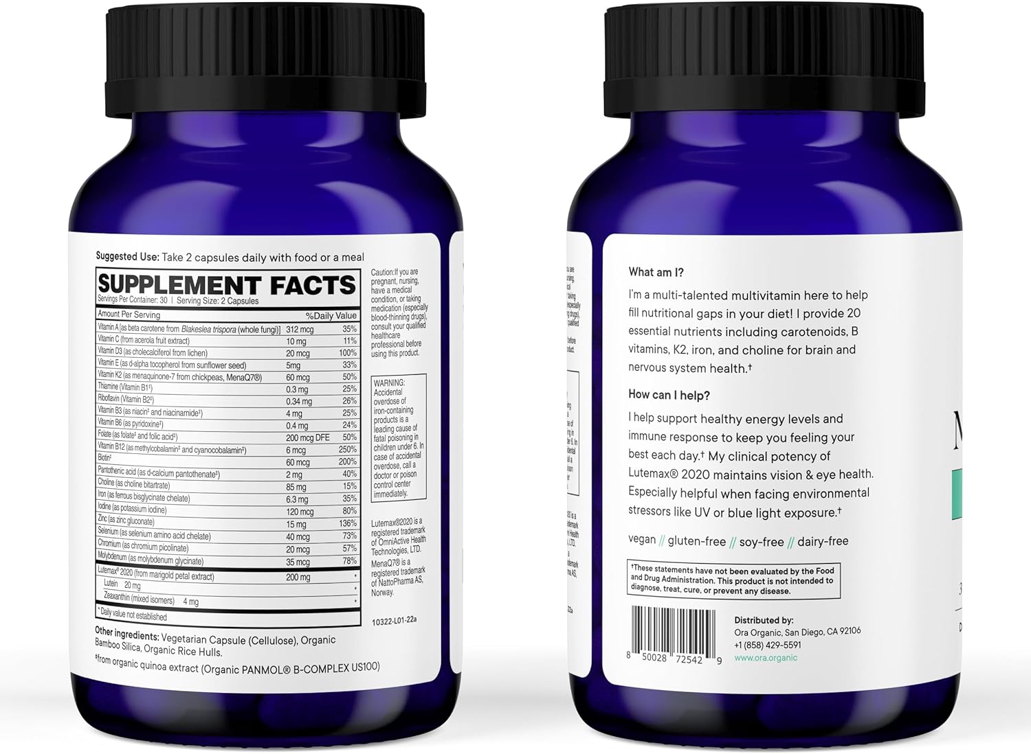 Ora Organic Plant Based Multivitamin for Women and Men, Bluelight Protection - Brain, Eye, Energy, Immune, Skin, Hair, Heart, and Bone Health Support, 60 Vegan Capsules - Image 6