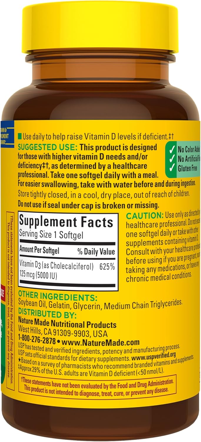 Nature Made Vitamin D3 5000 IU (125 mcg) Softgels, Extra Strength Vitamin D Supplement for Bone and Immune Health Support, 180 Count, 180 Day Supply - Image 8