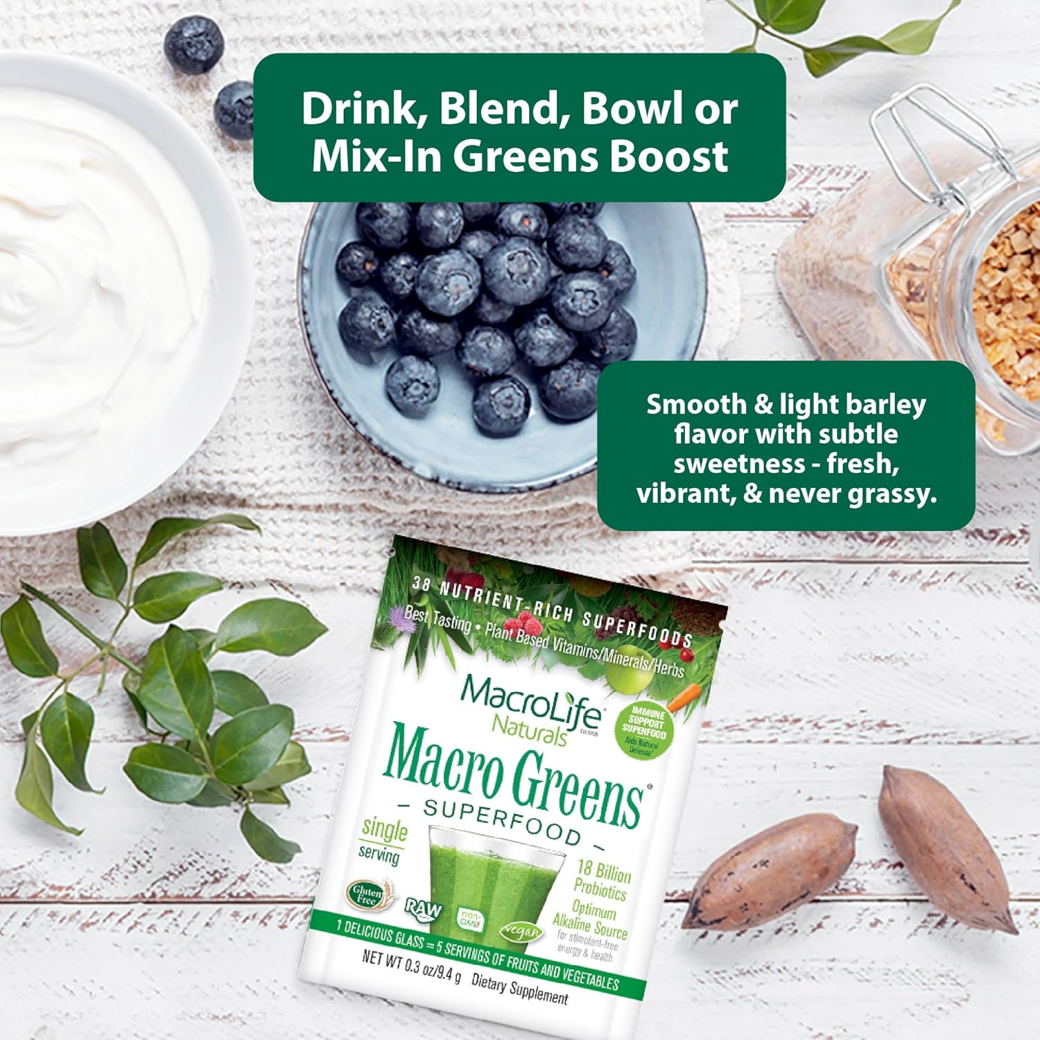 Macro Greens Superfood Powder – 38 Superfoods with Probiotics, Digestive Enzymes & Adaptogens | Non GMO, Vegan, Gluten Free | 18B CFU | Packets (12 Servings) - Image 11