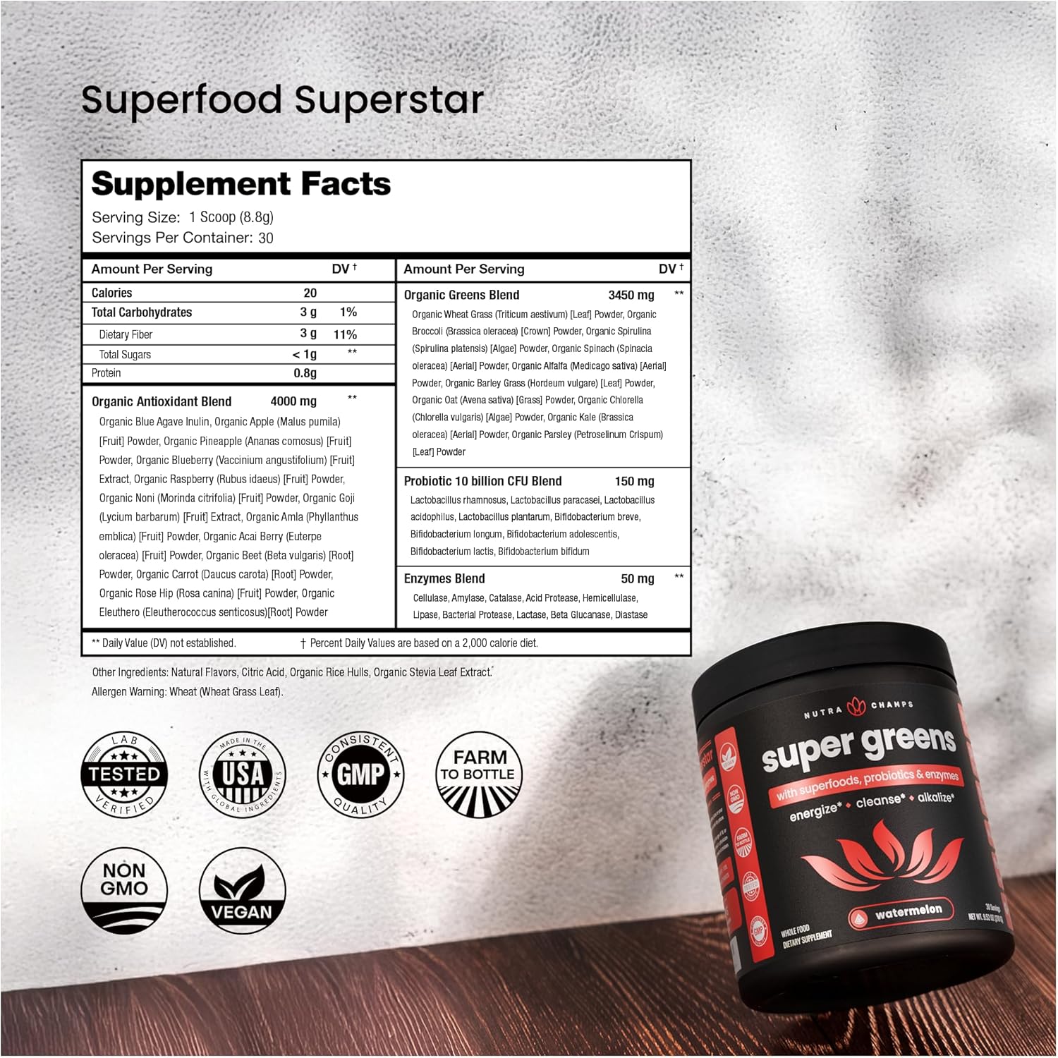 NutraChamps Super Greens Powder Premium Superfood | 20+ Organic Green Veggie Whole Foods | Alfalfa, Spirulina, Chlorella & More | Antioxidant, Digestive Enzyme & Probiotic Blends | Watermelon - Image 3