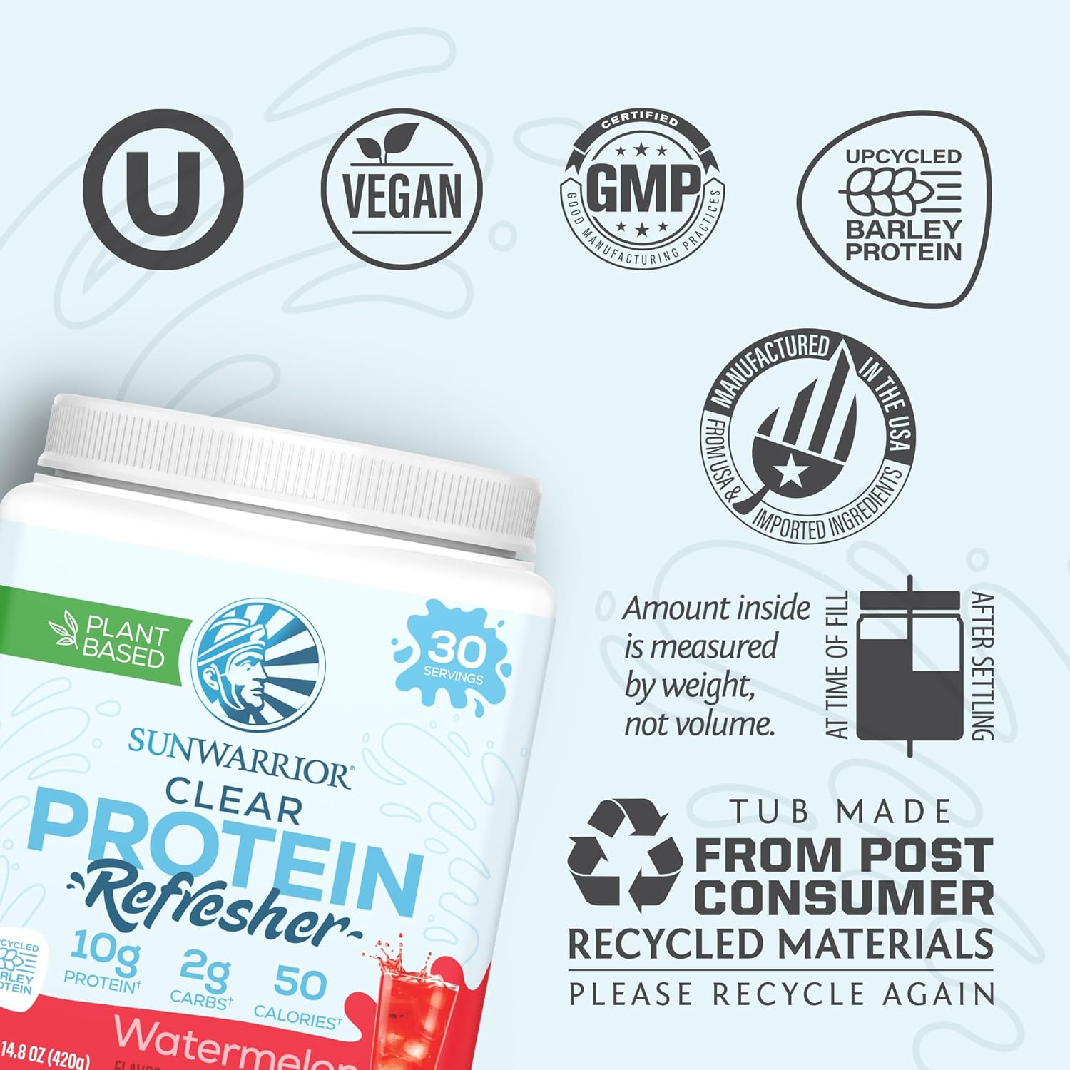 Sunwarrior Clear Protein Powder Plant-Based Water Mix, Vegan and Refreshing Protein and Hydration Supplement 10g Per Serving Watermelon Flavored 420g Tub 30 Servings - Image 3