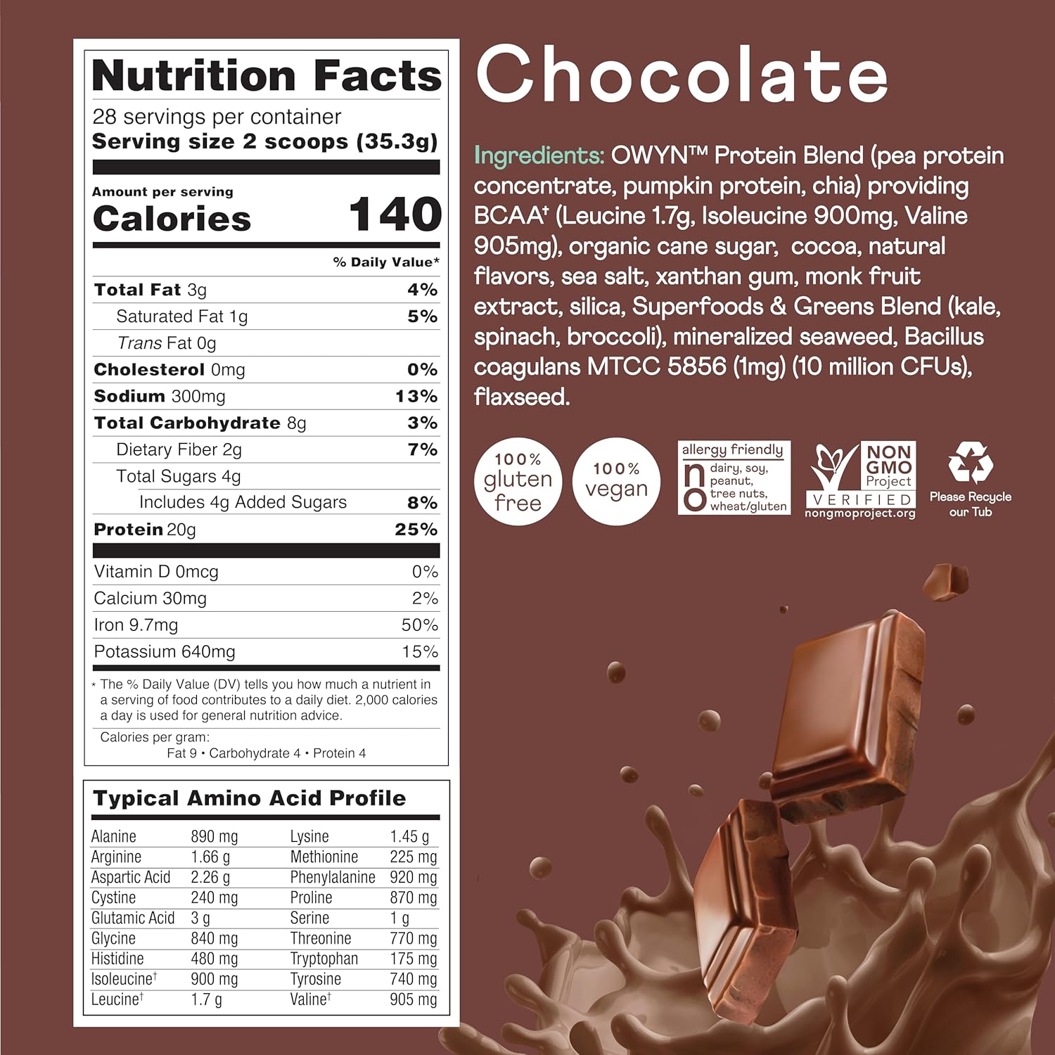 OWYN Only What You Need Chocolate Flavored Protein Powder, 20g Protein, 4g Sugar, 3g Fiber, Dairy Free, Plant Pased Protein Powder, 2LB - Image 4