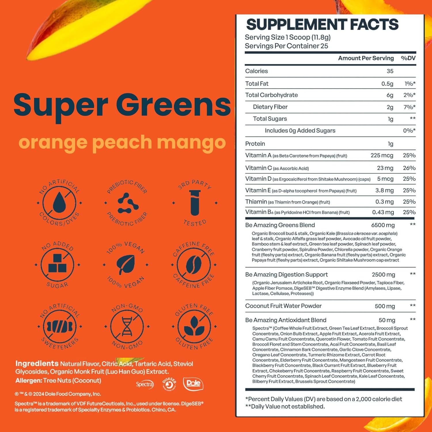 BE AMAZING Super Greens Powder with Prebiotics, Digestive Enzymes & Antioxidants, 35 Fruits & Veggies, Electrolytes & Fiber, Vegan, Gluten Free Juice & Smoothie Mix, Dole Orange Peach Mango, 25 Serv - Image 5