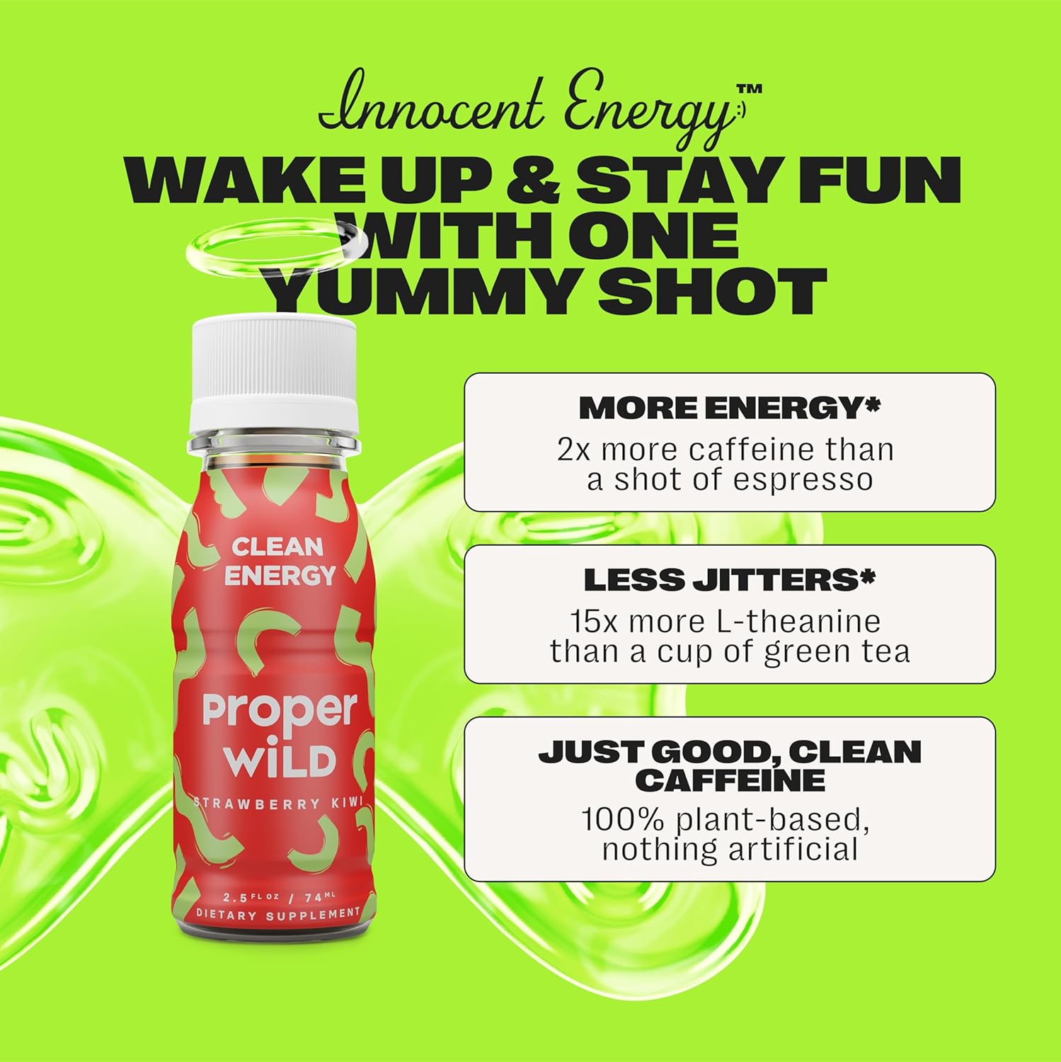 Proper Wild Vegan Energy Shots, with L-Theanine, and Organic Caffeine, Clean Plant Based Energy Drink, Gluten Free, GMO Free, Dairy Free, Stevia Free, Soy Free, Strawberry Kiwi, 2.5 Fl Oz, 6 Pack - Image 4