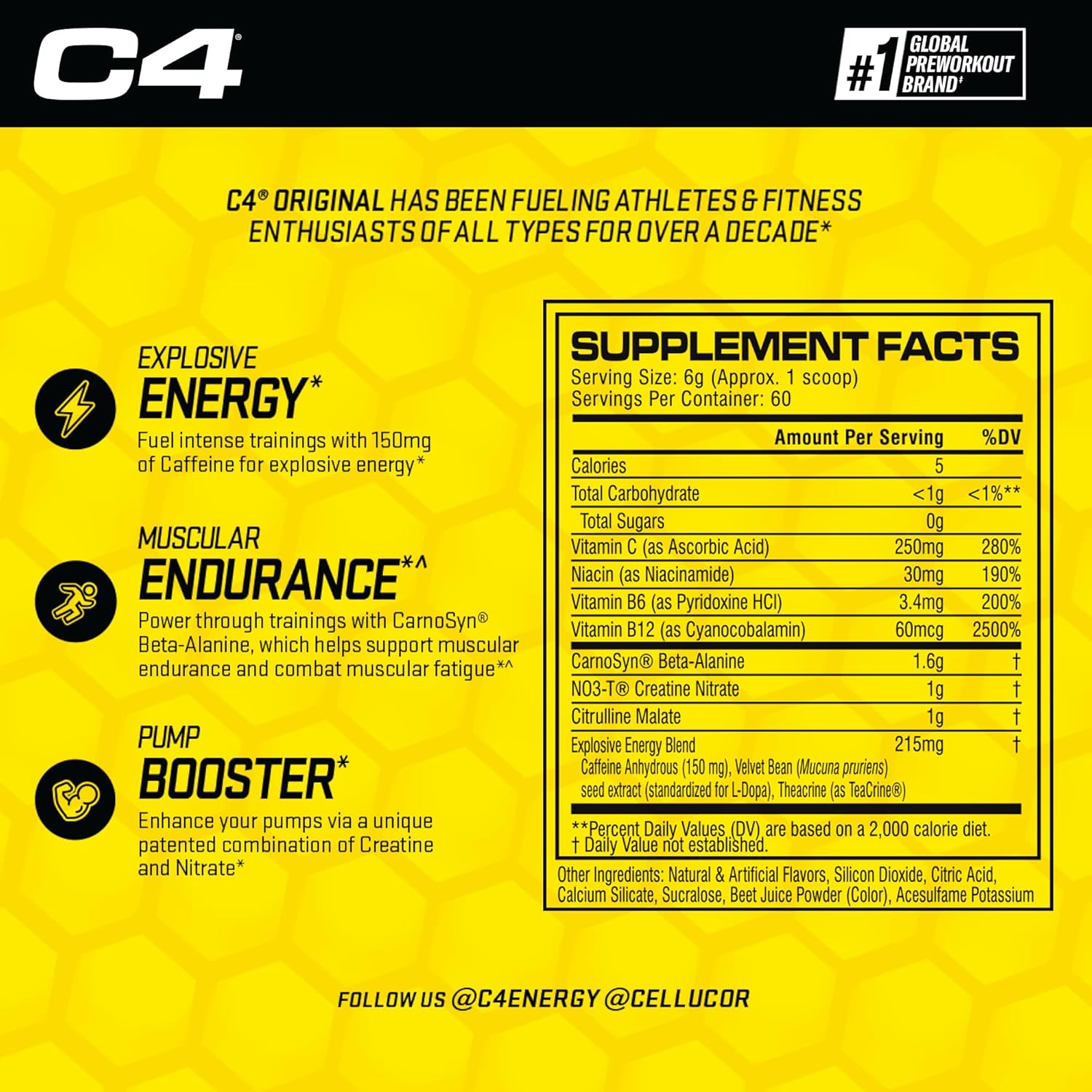 C4 Original Pre Workout Powder Pink Lemonade Vitamin C for Immune Support Sugar Free Preworkout Energy for Men & Women 150mg Caffeine + Beta Alanine + Creatine 60 Servings - Image 3