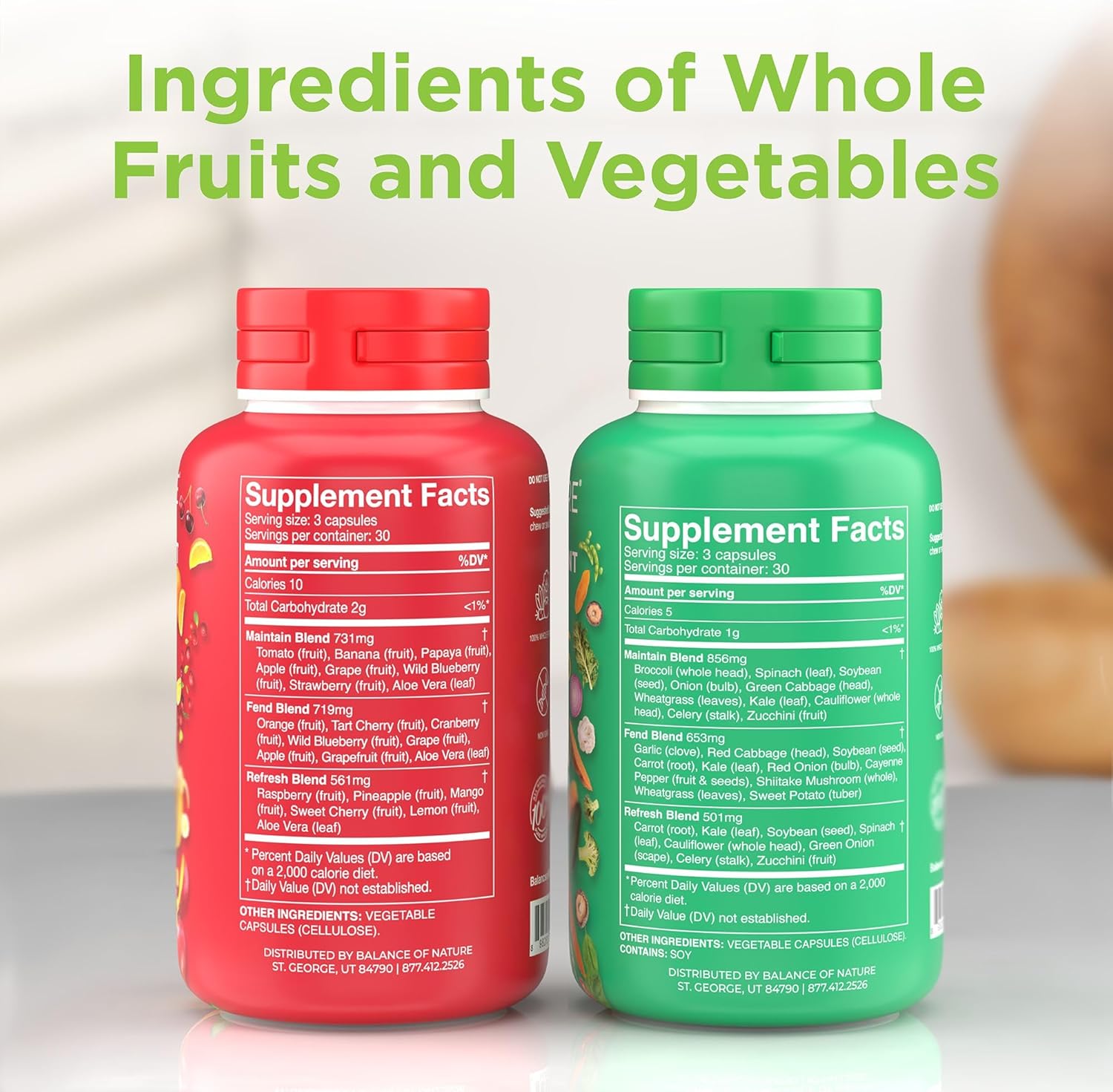 Balance of Nature Fruits & Veggies Supplements - Whole Fruit and Vegetable Ingredients for Women, Men, and Kids - 90 Fruits Capsules, 90 Veggies Capsules - 1 Set - Image 2