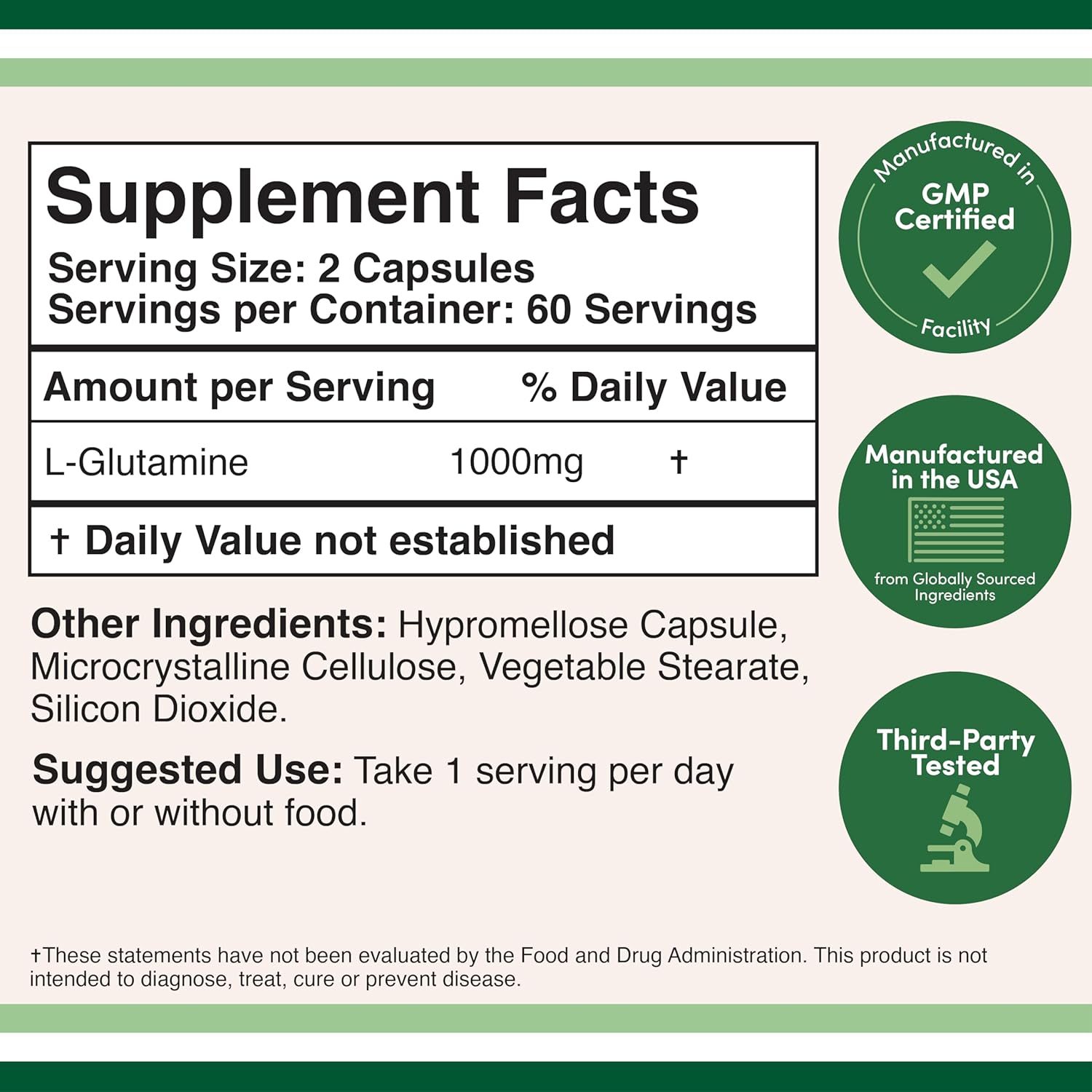 L Glutamine Capsules - (1000mg Servings, 120 Capsules) Non-GMO, Gluten Free, Keto Safe, Vegan Friendly, Third Party Tested (for Endurance and Gut Health) by Double Wood - Image 2