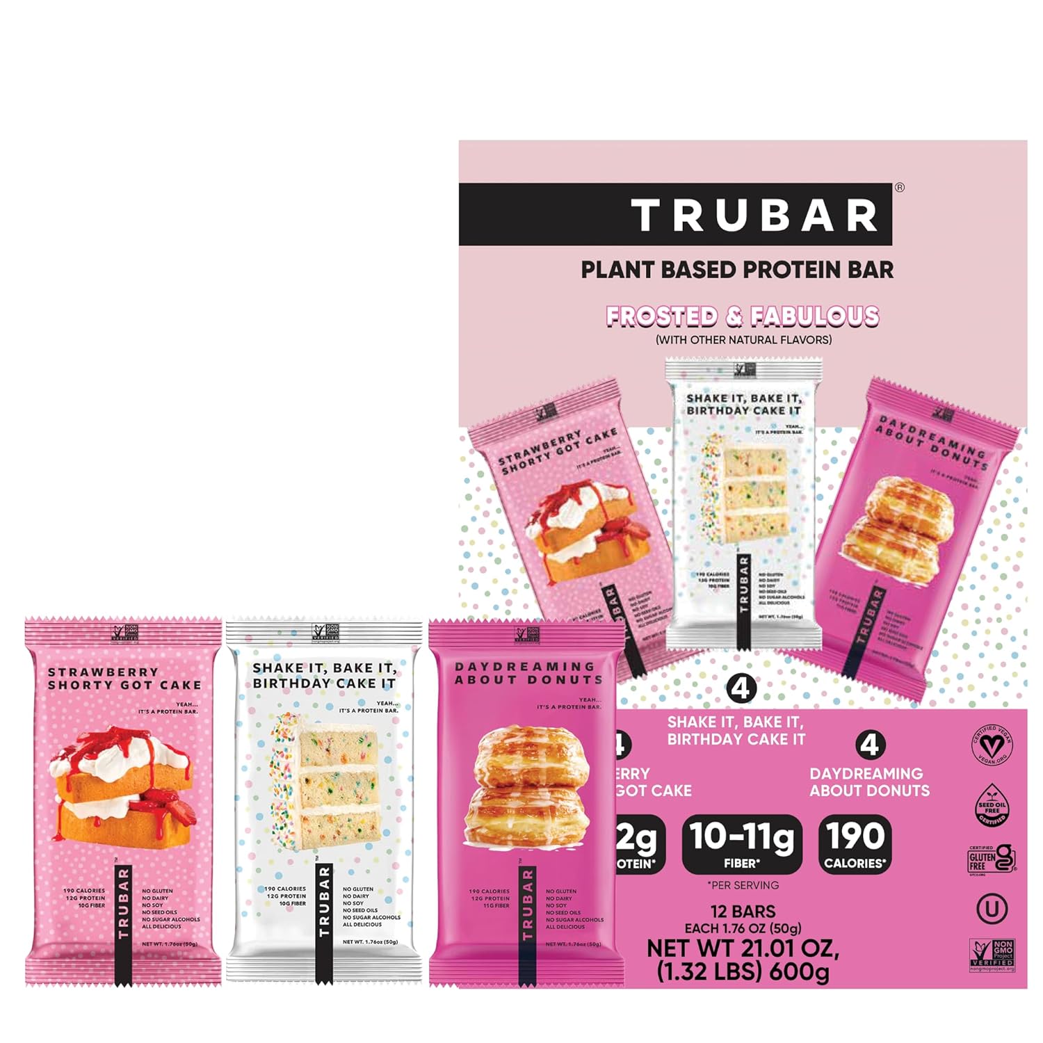 TRUBAR Vegan Protein Bars, Frosted & Fabulous Variety Pack, Donuts, Strawberry Shortcake & Birthday Cake, Gluten Free, Plant Based, High Fiber, Dairy Free, On the Go Healthy Snacks, 12 Count - Image 4