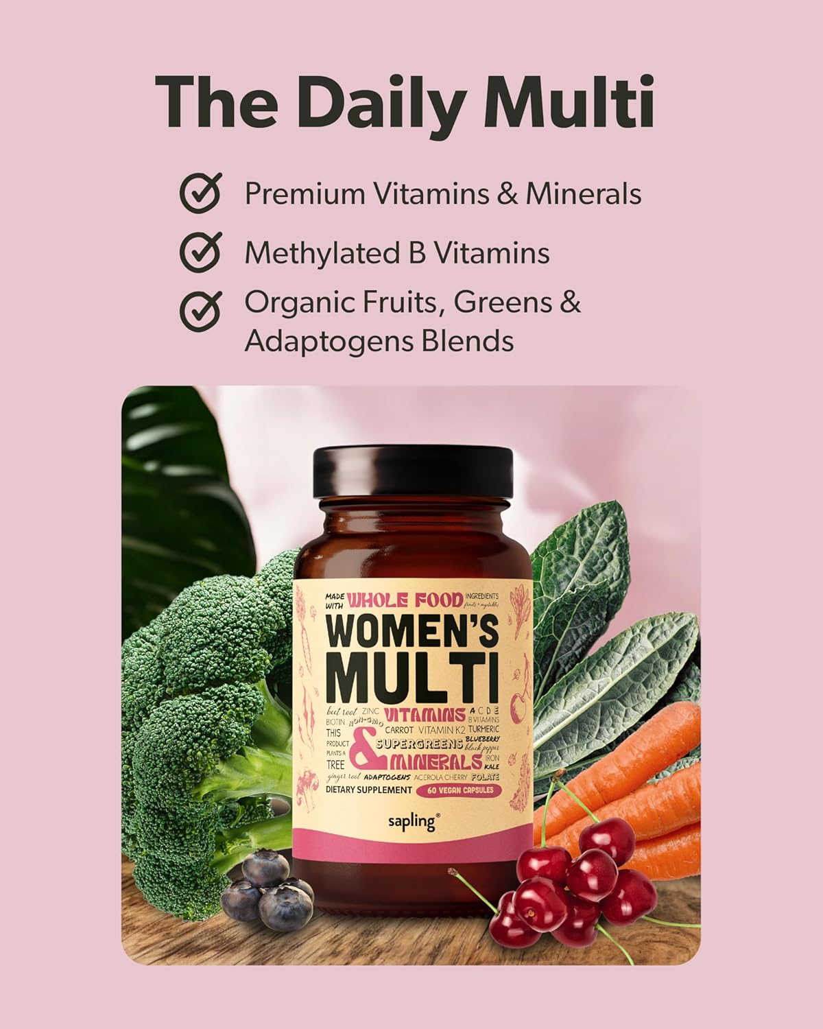 Multivitamin for Women - Daily Women’s Multivitamin - Methylated B Complex with Whole Food Ingredients, Vitamin B12, Folate, A, C, D3, E, K2, Organic Fruits & Vegetables - Vegan, Non-GMO - 60 Caps - Image 2