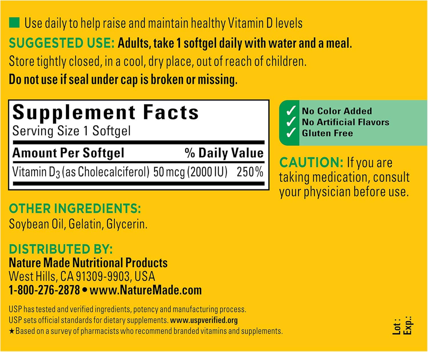 Nature Made Vitamin D3 2000 IU (50 mcg), Vitamin D Supplement for Bone, Teeth, Muscle and Immune Health Support, 250 Softgels, 250 Day Supply - Image 6