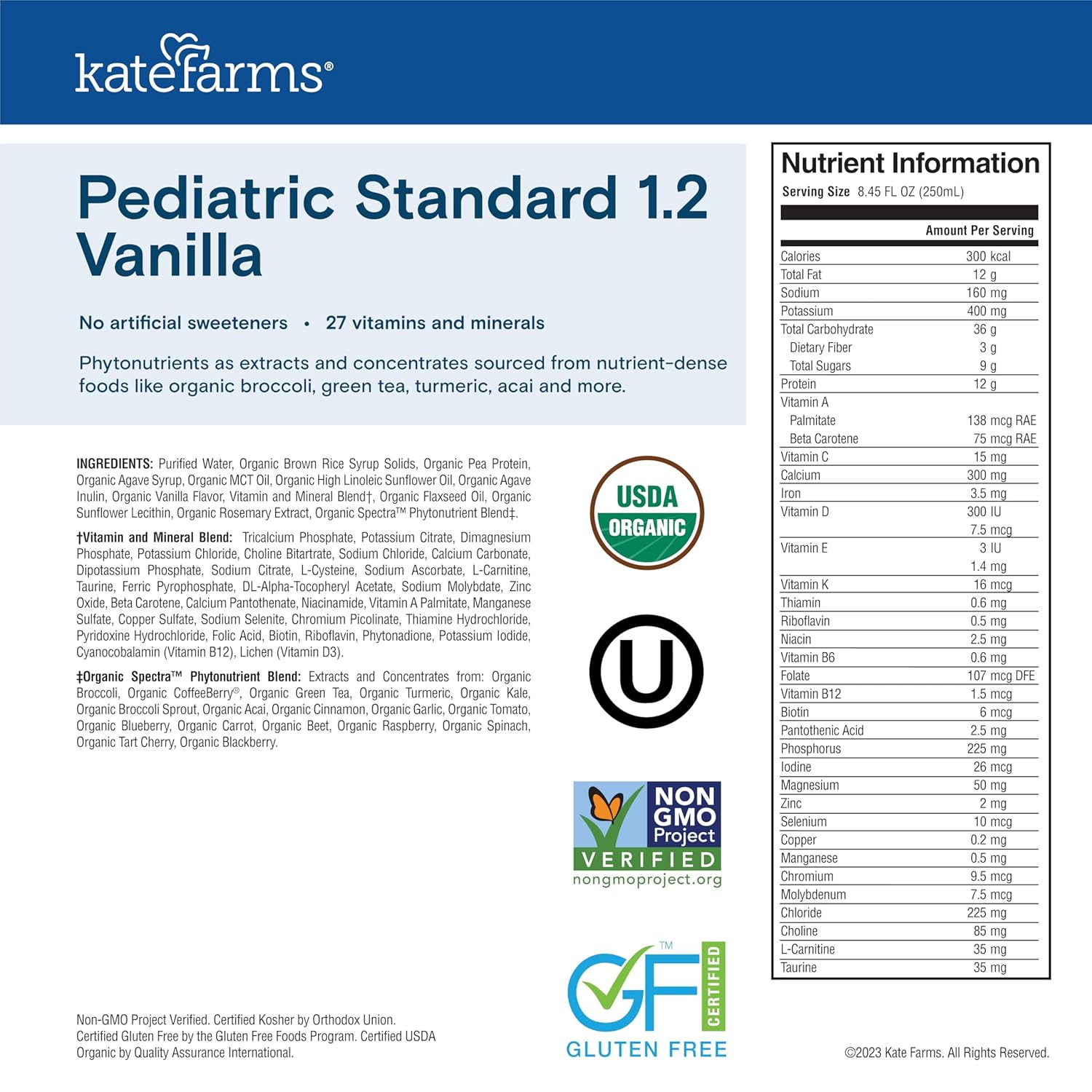 KATE FARMS Organic Plant Based Pediatric 1.2 Sole Source Vanilla Nutrition Shake,12g of protein,27 Vitamins and Minerals,Meal Replacement Drink for Kids,Non-GMO,8.45 Fl oz,(Pack of 24) - Image 2