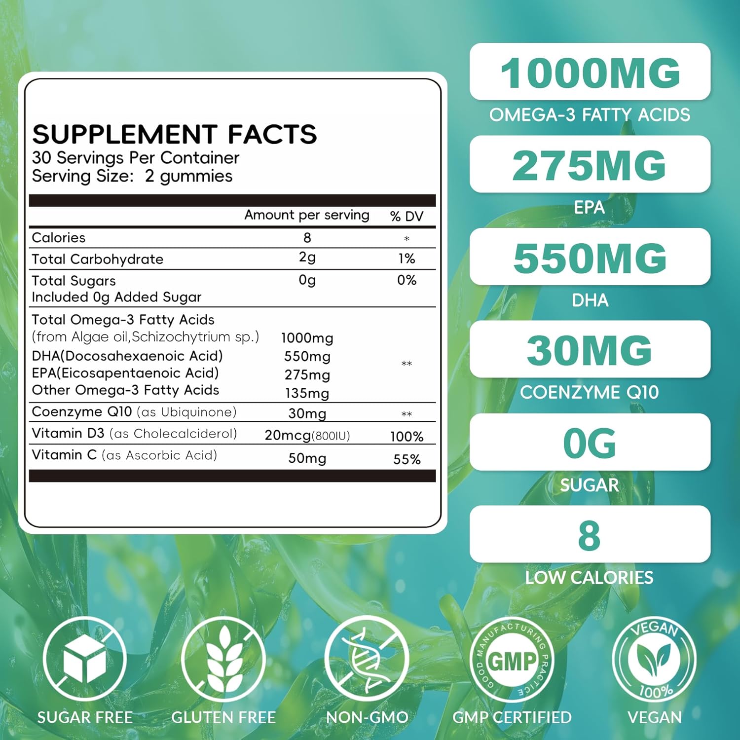 Vegan Omega-3 Algae Oil Supplement with DHA 300mg & EPA 150mg, Plant-Based Omega-3 with Vitamin D3 & K2, Fish-Free Algal Oil Softgels for Men & Women, 2 Pack, 120 Softgels, 60 Day Supply - Image 2