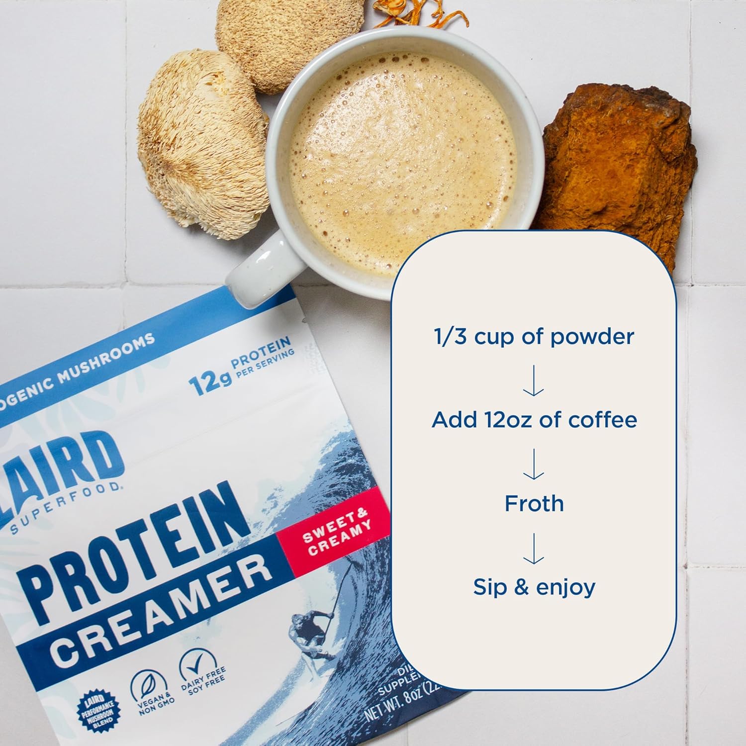 Laird Superfood Non-Dairy Protein Creamer, Sweet & Creamy + Adaptogens, Superfood Creamer with Functional Mushrooms, 12g Protein Per Serving, 8oz Bag - Image 6