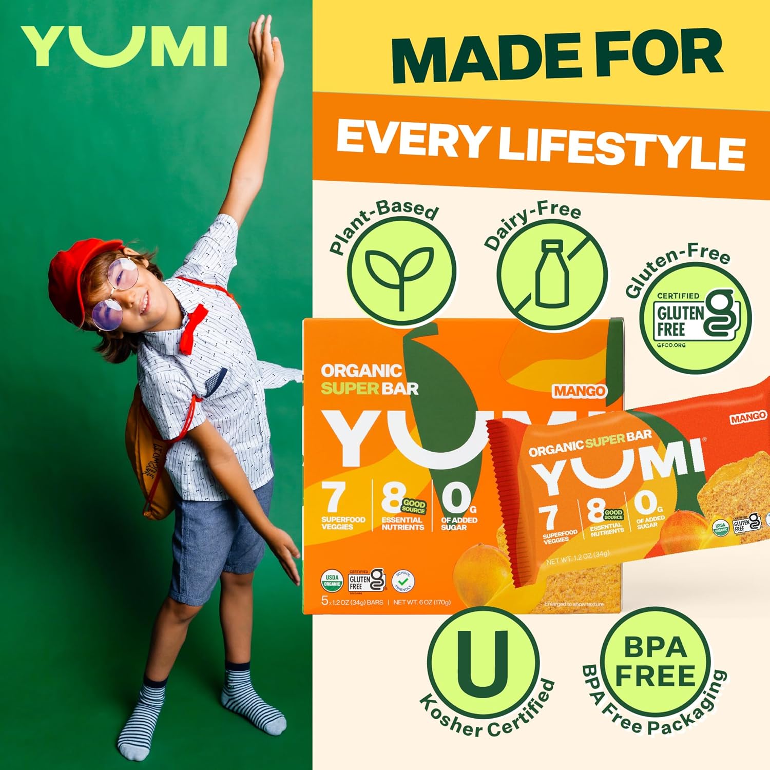 YUMI Organic Breakfast Superbar, Gluten-Free, No Added Sugar, 7+ Vegetables, Soft-Baked Crust, Healthy Snack Bars for Kids, School Safe, Healthy Alternative to Granola Bars or Cereal Bars, Mango (30ct) - Image 5