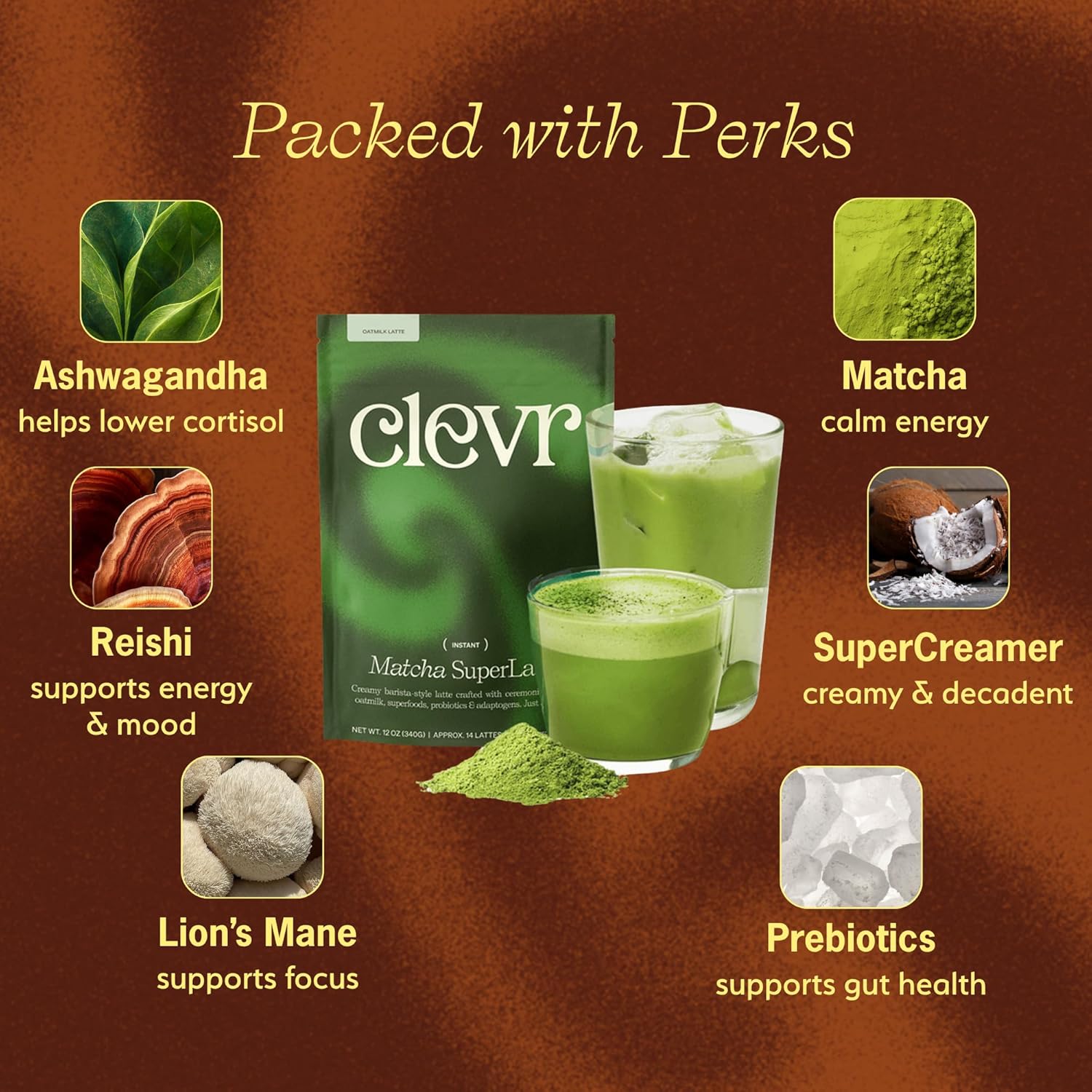 Clevr Matcha SuperLatte, Instant Ceremonial Grade, Superfood Powder Blend with Lions Mane, Reishi Mushroom, Coconut Cream, Ashwagandha, Serve Hot or Iced, (14 Lattes) - Image 3