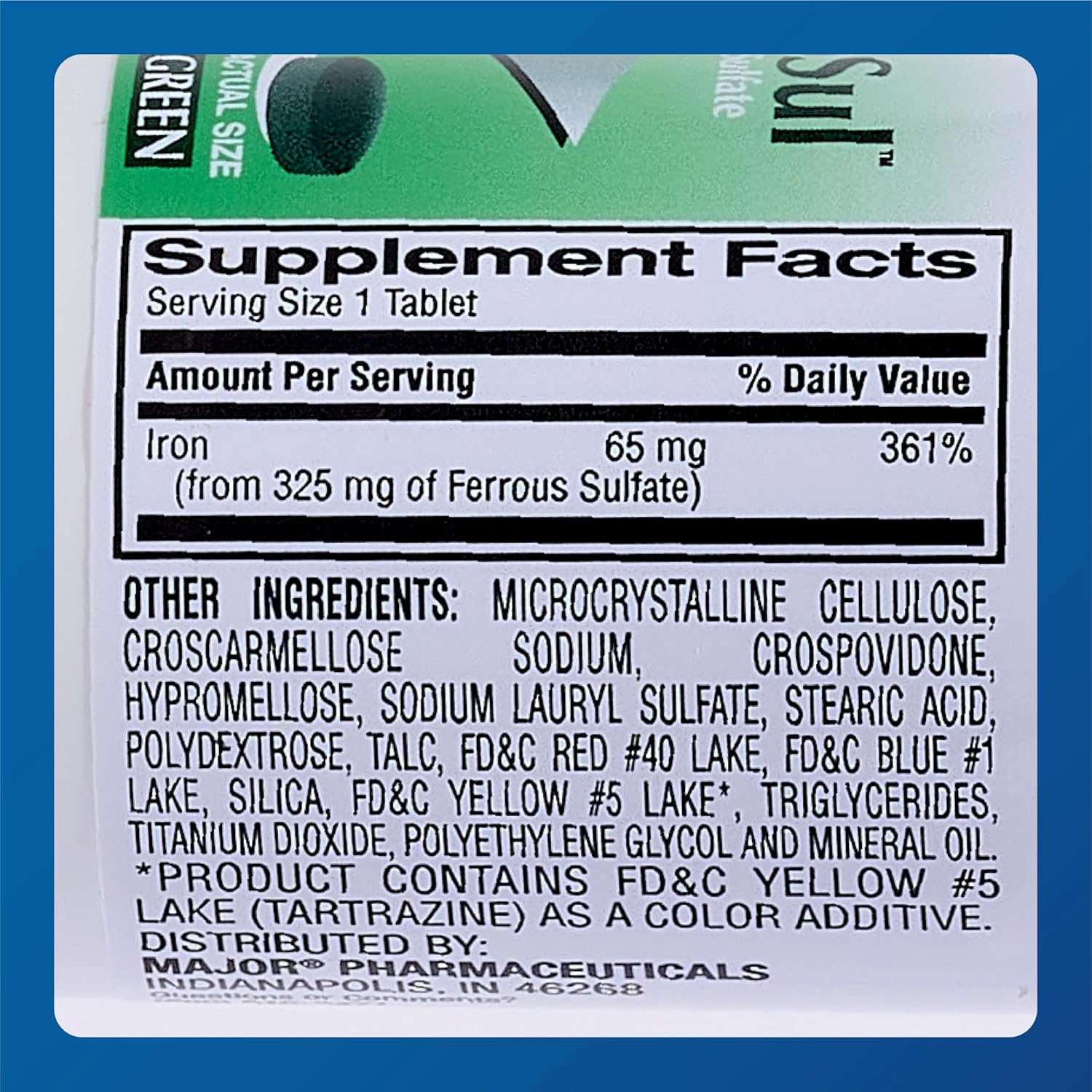Major Ferosul - Ferrous Sulfate 325mg Tablets with 65mg of Elemental Iron - Iron Supplement for Women, Men - Green - 100 Count (2 Pack) - Image 5