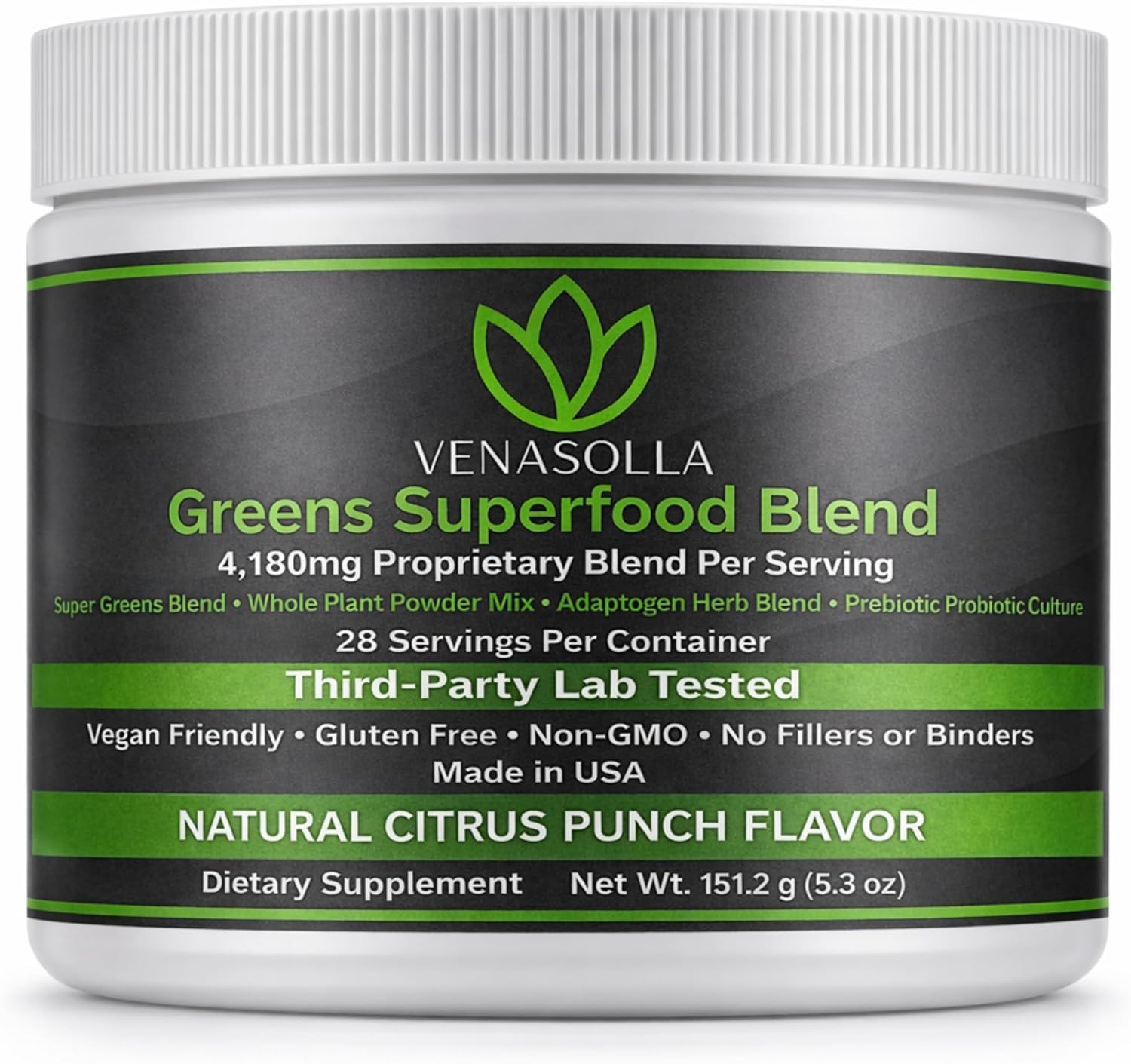 Super Greens Powder - Citrus Punch Flavor - Made with Organic Plant Ingredients, Spirulina, Prebiotic Fiber, Probiotic Culture & Ashwagandha - 28 Servings - Third-Party Tested