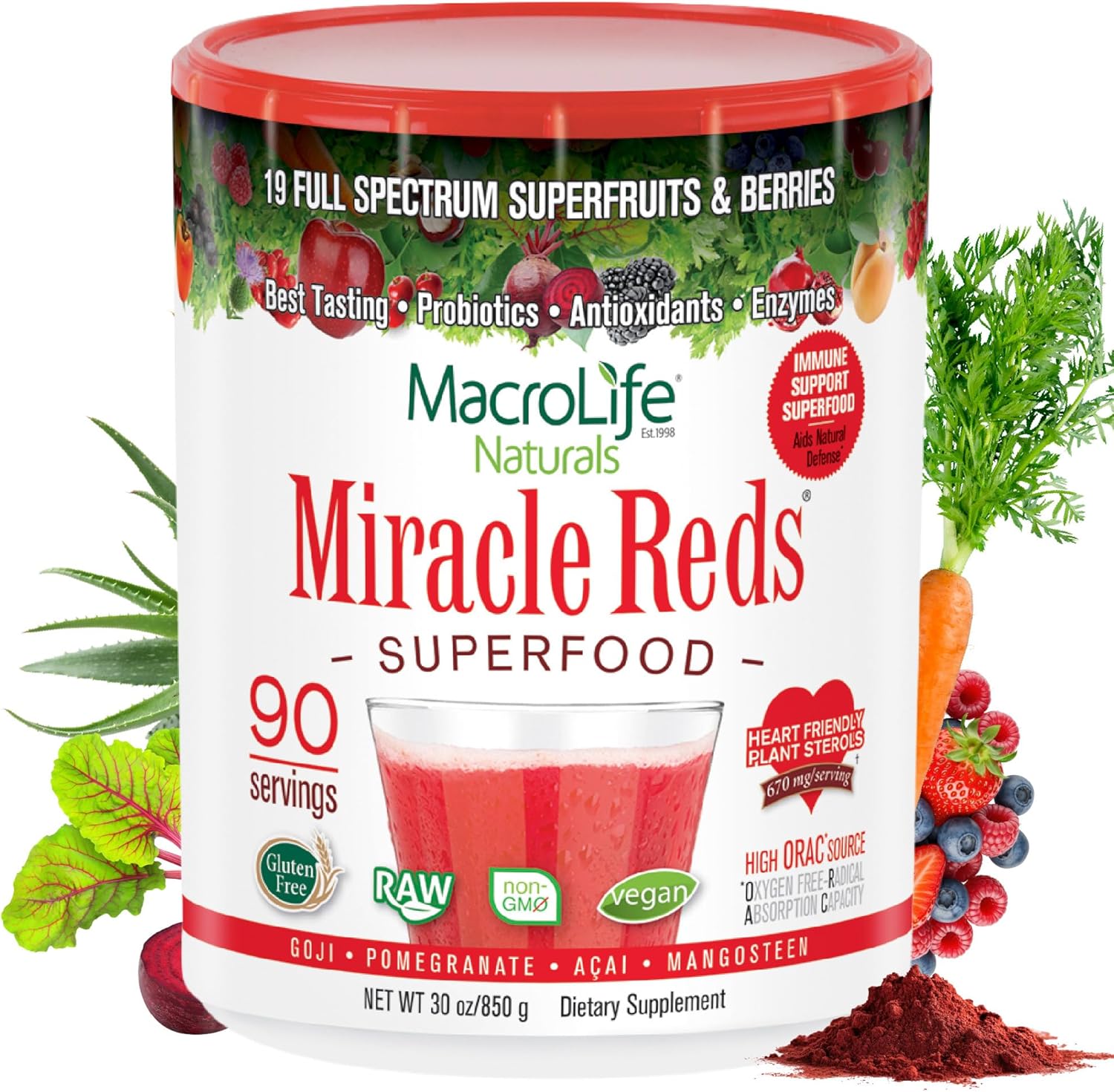 MacroLife Naturals Miracle Reds Superfood Powder 19 Blended Fruit & Berry Polyphenols Enzymes Probiotics & Antioxidants Supplement - Raw Non-GMO & Vegan Whole Food Vitamins - 30oz - 90 Servings