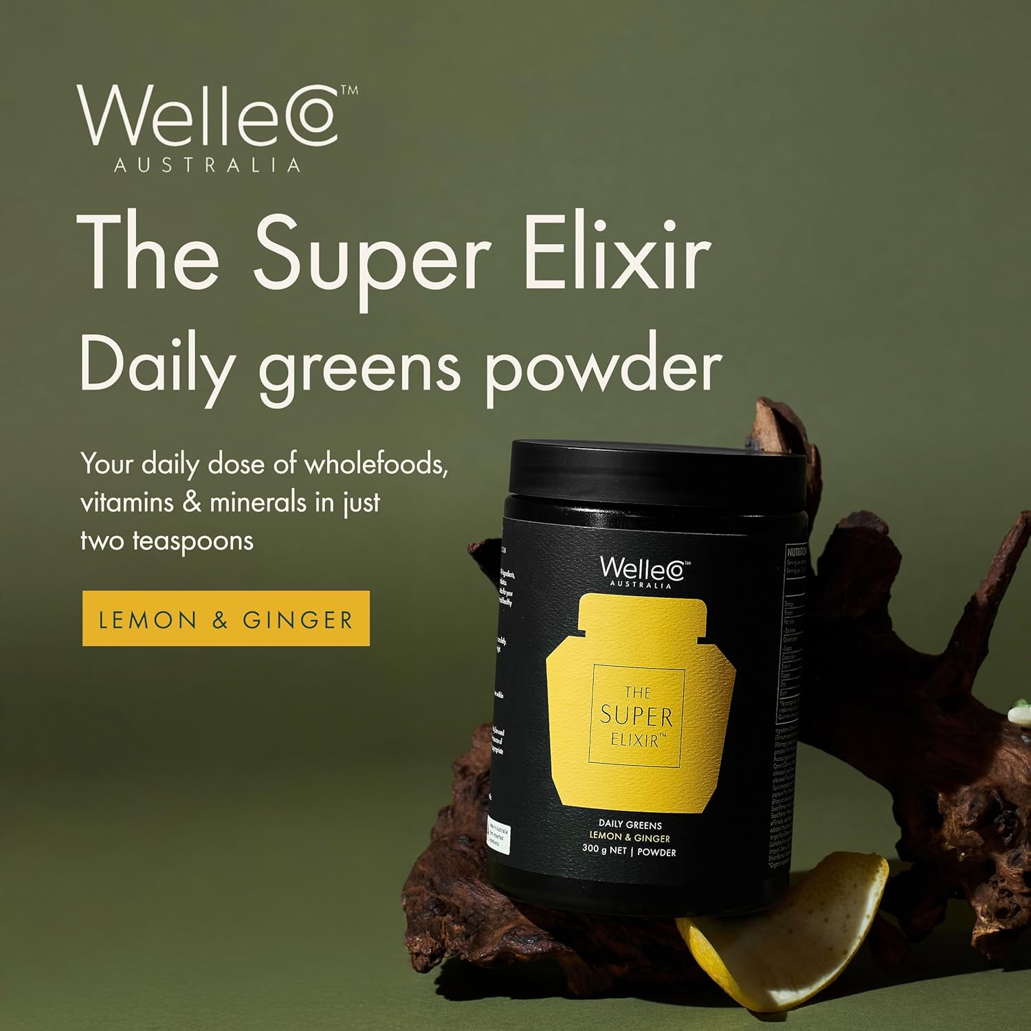 WelleCo The Super Elixir Daily Greens Powder, Probiotic Drink Mix with Whole Foods, Gluten Free, Vegan Gut Health Powder, Energy, Immunity, Healthy Skin, Hair & Nails (300g, Lemon Ginger) - Image 2