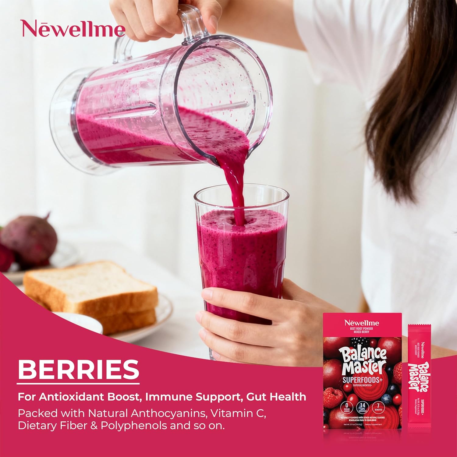 NEWELLME Balance Master Organic Raw Beet Root Powder - Super Reds Superfood for Heart & Energy, Smoothies, Baking & Juice, Natural Red Food Coloring, Mixed Berry, Sugar Free, Non-GMO, 14 Stick Packs - Image 8
