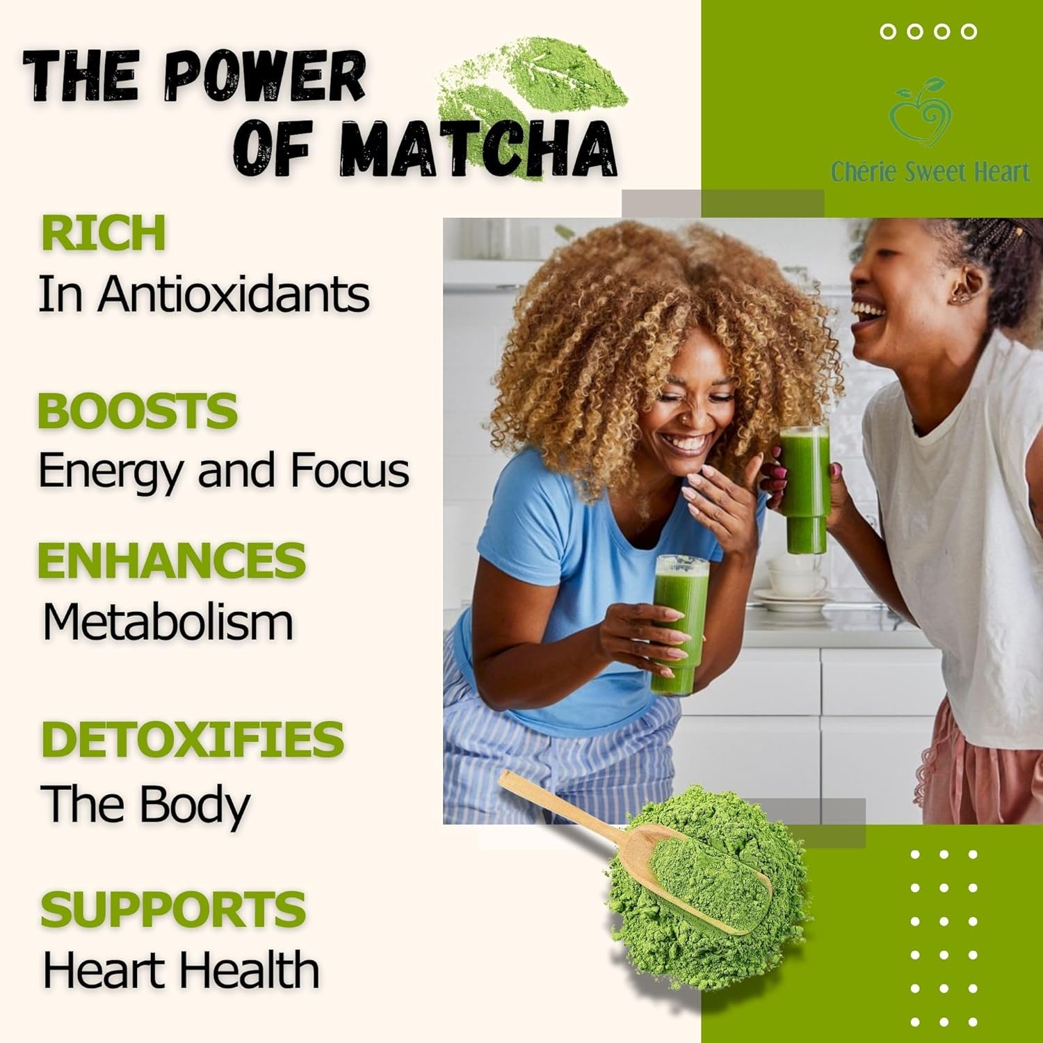 Organic Sweet Matcha Green Tea Powder - Cafe Style Blend by Cherie Sweet Heart - 16oz, Vegan & Gluten-Free, Rich in Antioxidants, Perfect for Lattes, Smoothies & Baking - Image 4