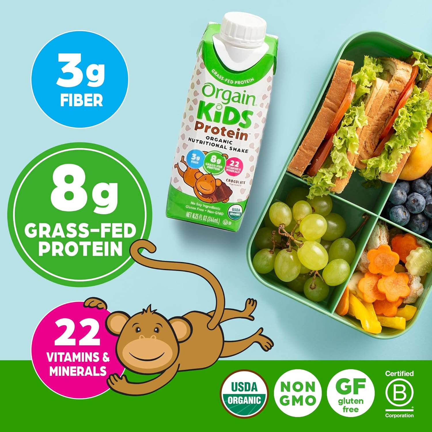Orgain Organic Kids Nutritional Protein Shake, Chocolate, Healthy Kids Snacks, 8g Dairy Protein, 3g Fiber, 22 Vitamins & Minerals, No Soy Ingredients, Gluten Free, Non-GMO, 8.25 Fl Oz (Pack of 12) - Image 4
