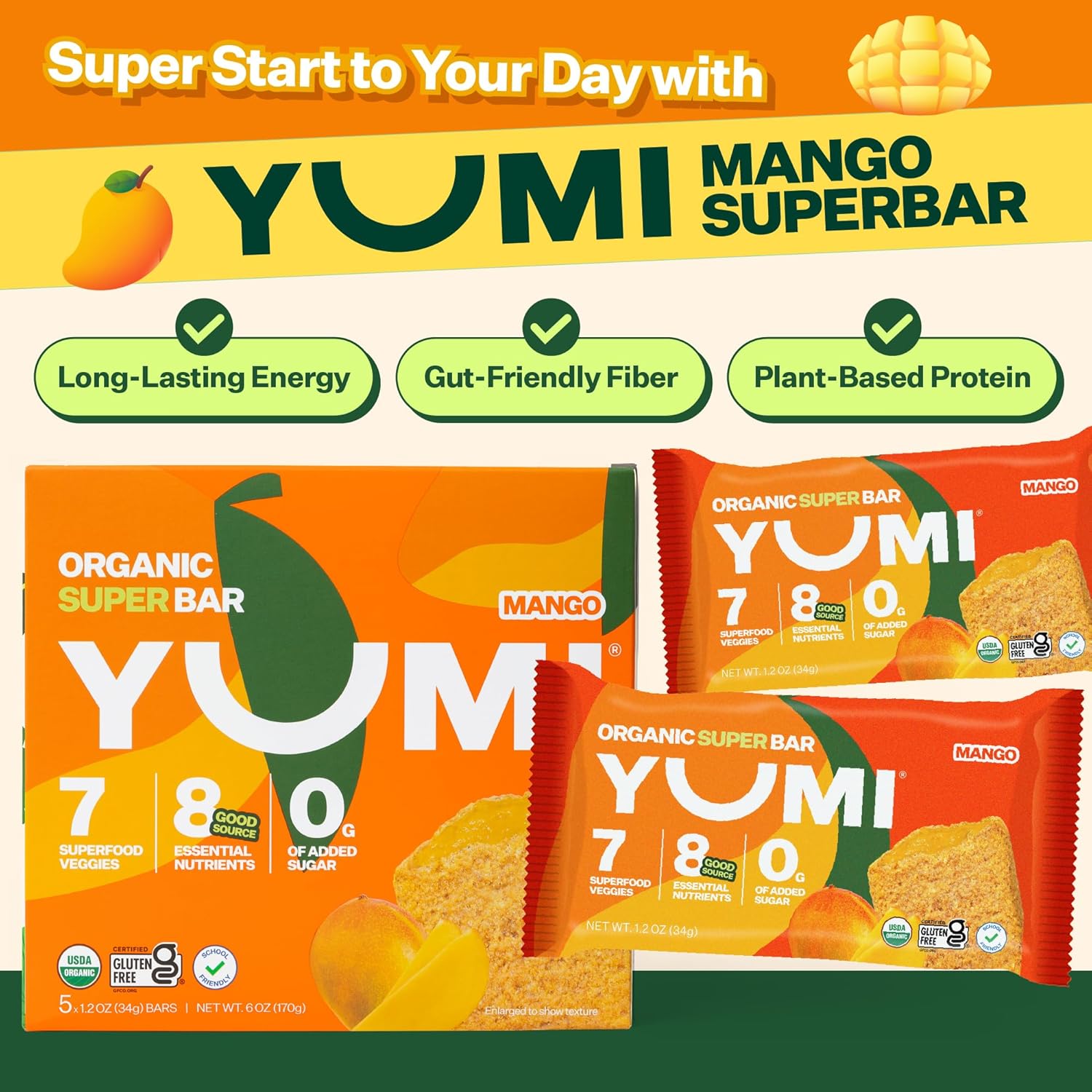 YUMI Organic Breakfast Superbar, Gluten-Free, No Added Sugar, 7+ Vegetables, Soft-Baked Crust, Healthy Snack Bars for Kids, School Safe, Healthy Alternative to Granola Bars or Cereal Bars, Mango (30ct) - Image 3