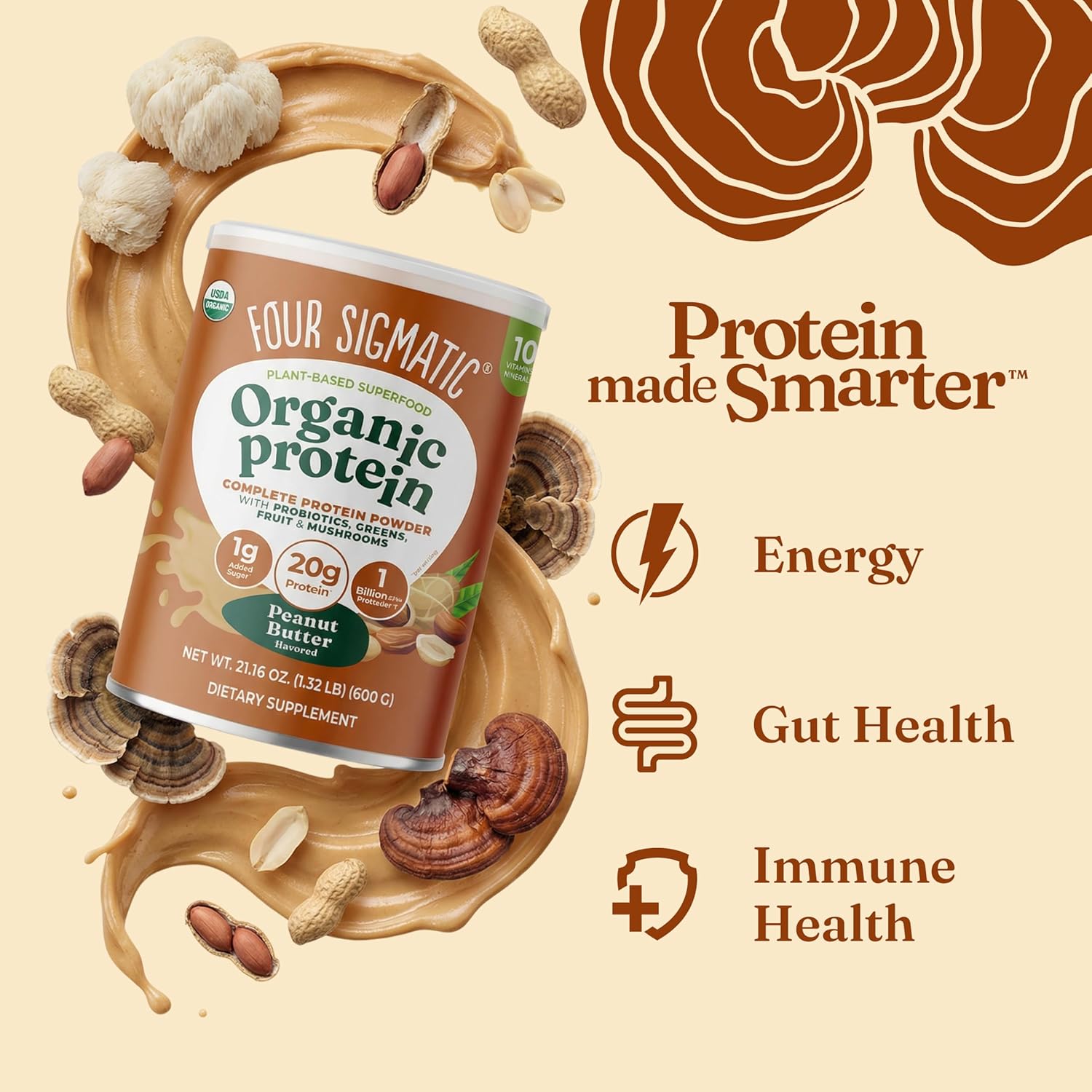 Four Sigmatic Organic Plant-Based Protein Powder | Clean Vegan Protein Elevated with Lion’s Mane, Chaga, Cordyceps and More for Brain Function and Immune Support | Peanut Butter, 21.16 oz - Image 2