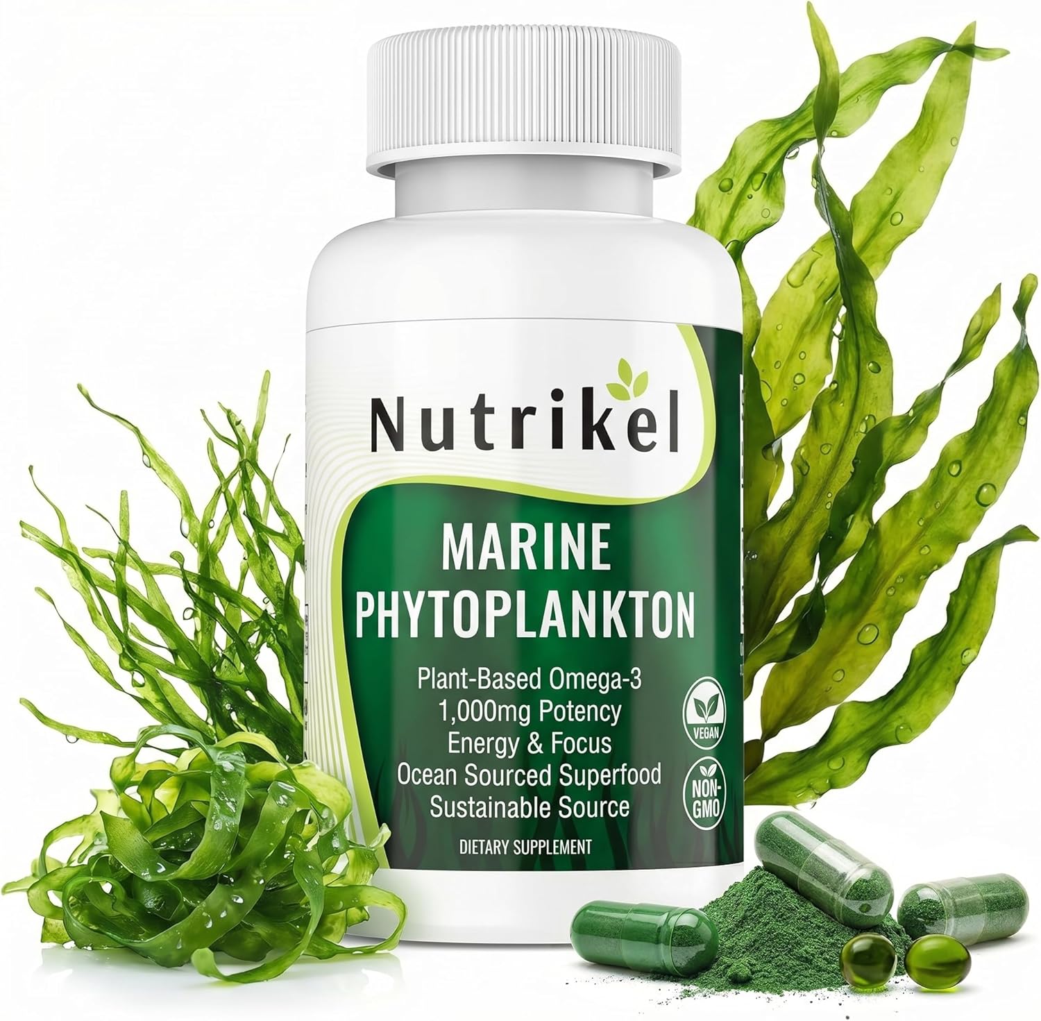 Marine Phytoplankton Omega 3 Supplement – Plant-Based Algae Capsules for Energy, Focus & Cellular Support – Vegan Superfood for Brain, Heart & Skin Health – 1,000mg – 60 Vegan Capsules