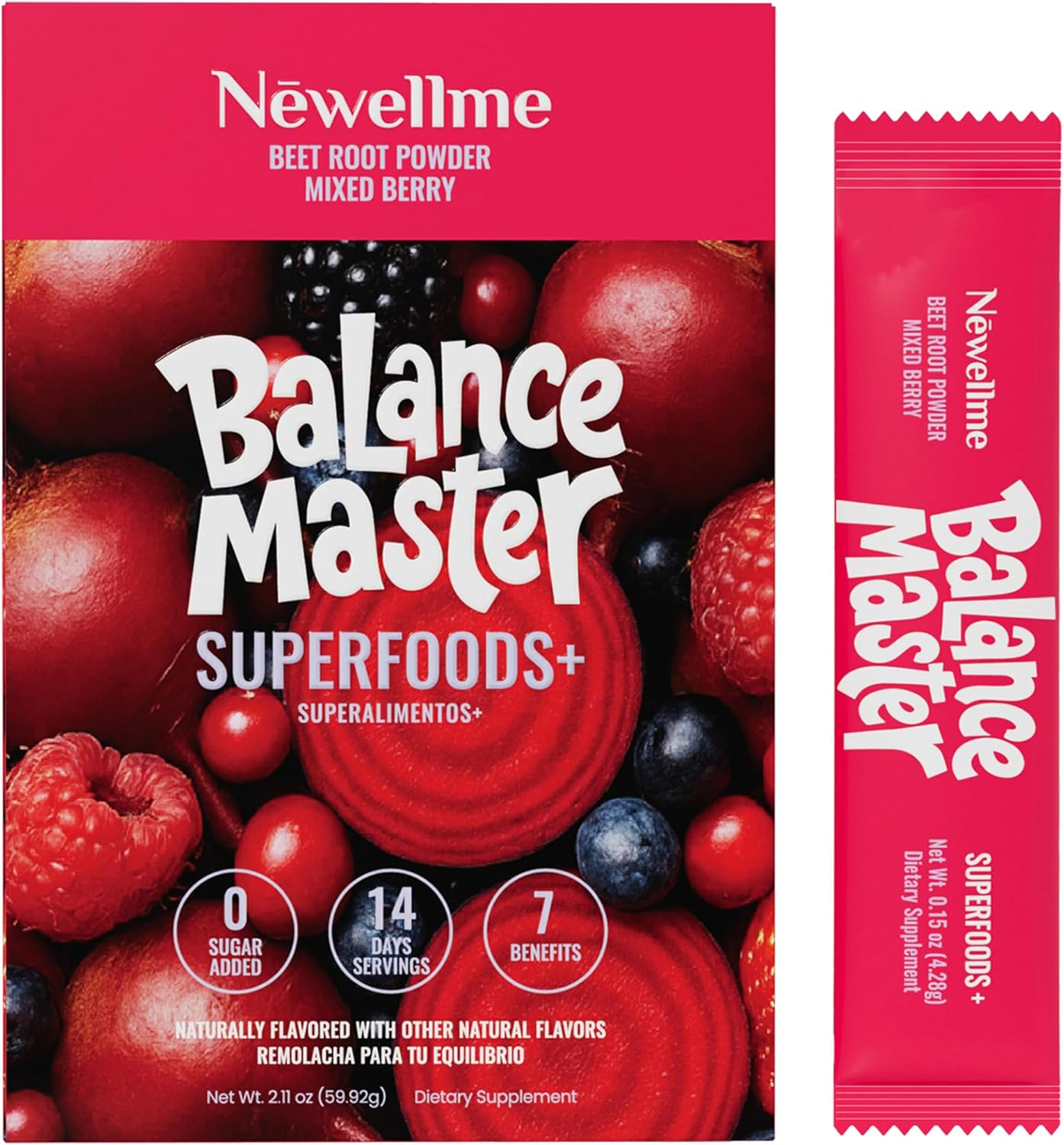 NEWELLME Balance Master Organic Raw Beet Root Powder - Super Reds Superfood for Heart & Energy, Smoothies, Baking & Juice, Natural Red Food Coloring, Mixed Berry, Sugar Free, Non-GMO, 14 Stick Packs