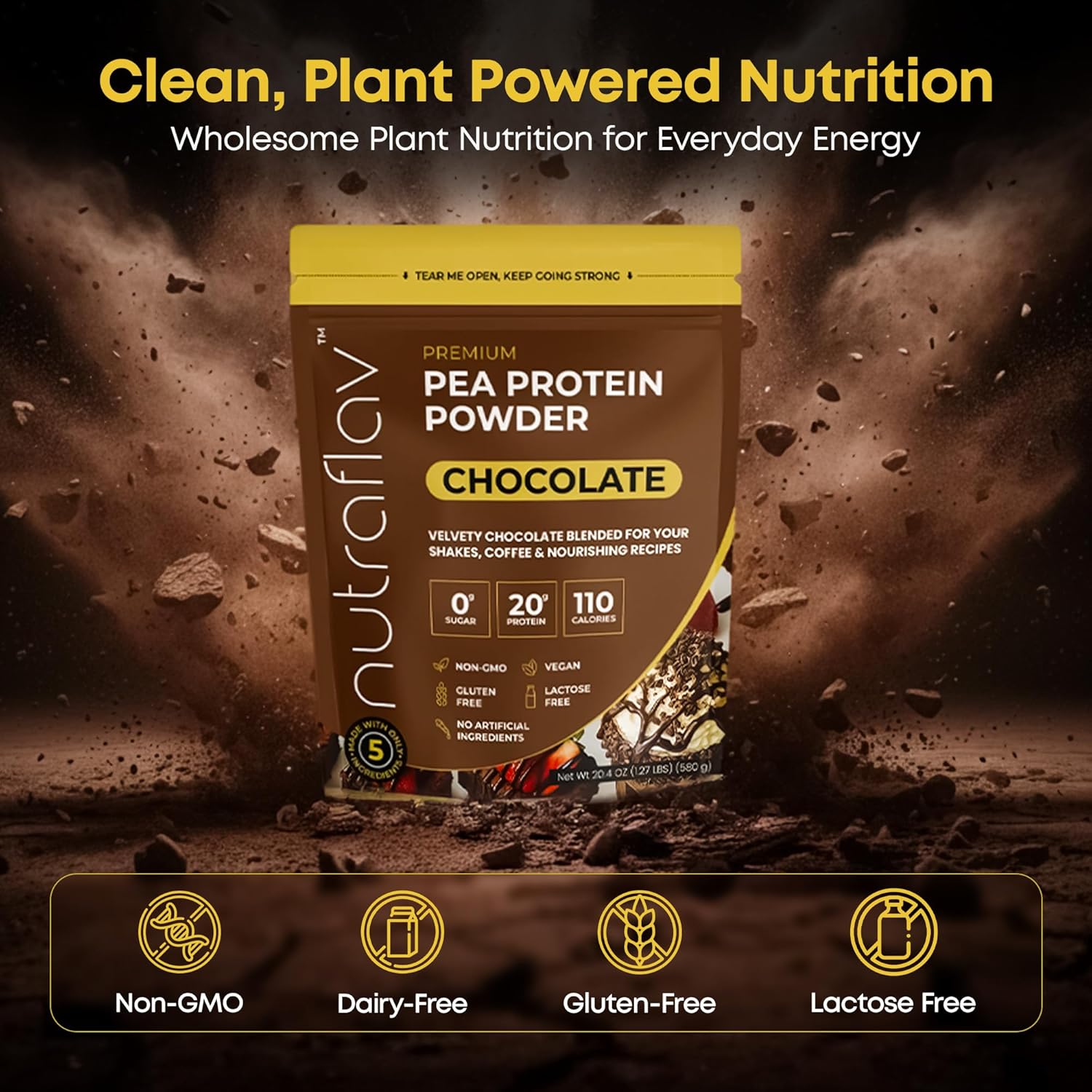 Vegan Chocolate Protein Powder - Plant Based Pea Protein Powder - 20g Protein Per Serving with 5 Ingredients - Iron-Rich, Easy to Digest - No Added Sugar - Great for Shakes & Smoothies - 20 Servings - Image 3