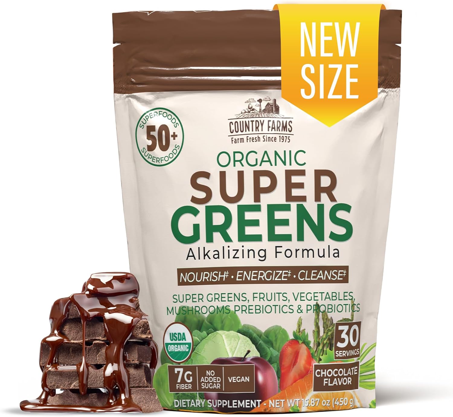 Country Farms Super Greens Chocolate Flavor, 50 Organic Super Foods, USDA Organic Drink Mix (Wheat Grass, Spirulina, Chlorella) Mushrooms & Probiotics, with Fiber, Natural Energy, 30 Servings