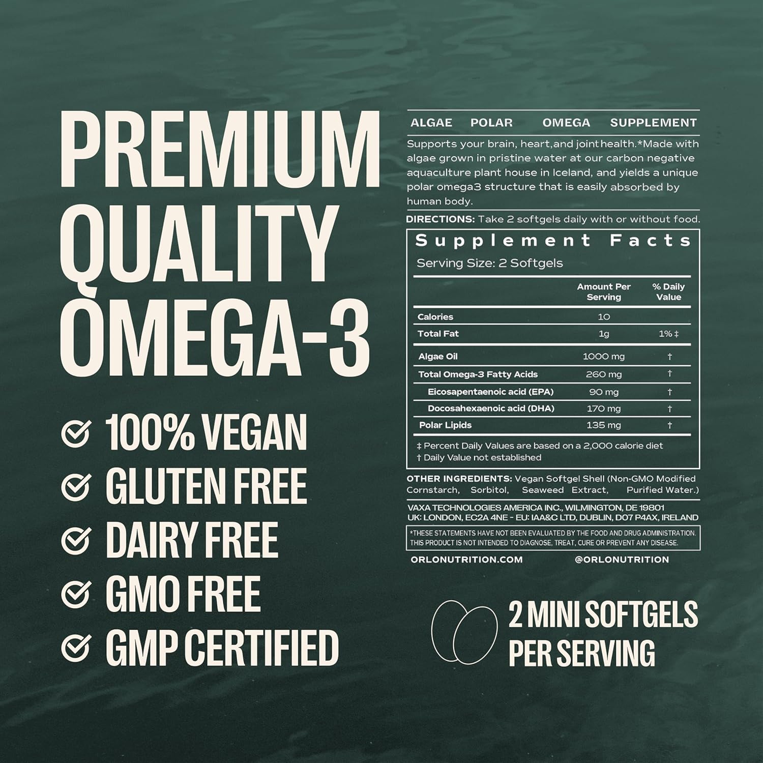 Orlo Vegan Omega 3 Algae Oil 1000mg - Natural Icelandic Nordic Omega-3 EPA & DHA Supplement - Fish Oil & Krill Alternative for Heart & Brain – 60 Easy-to-Swallow Burpless Mini Softgels - Image 8